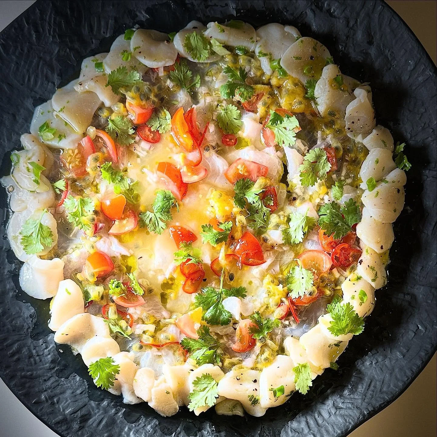 Tropical vibes from Fiji, beautiful Parrot fish Tiradito, local fruits and some Japanese scallop. 

A Tiradito is similar to a ceviche but not left for as long in the citrus which starts cooking the fish 😊

#tropicalfood #freshcatch #balance