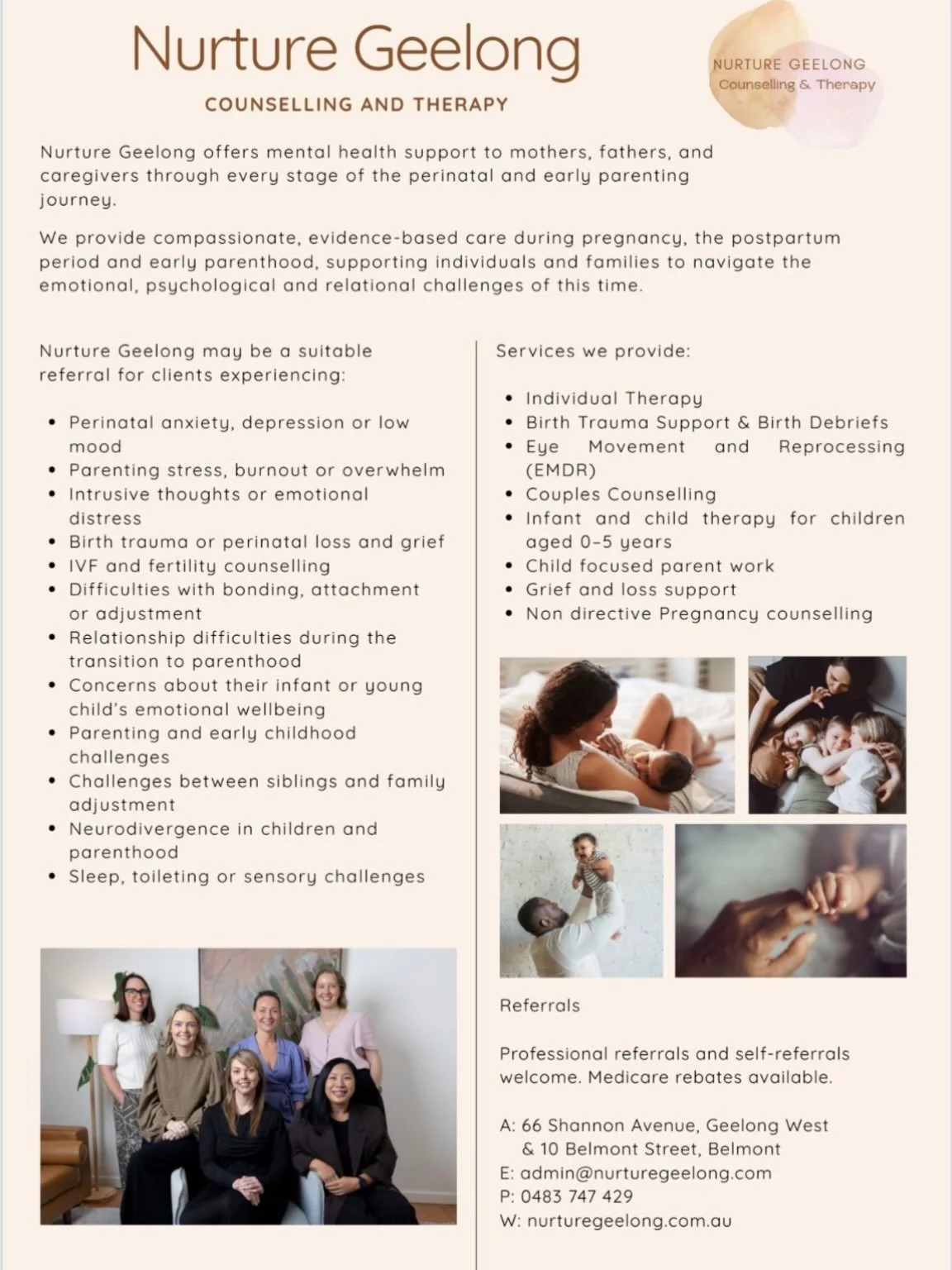 We have just emailed out and are going to drop off new flyers for our referrers. All the information on who to refer, what services we offer and how. Get in touch if you would like to know more at admin@nurturegeelong.com