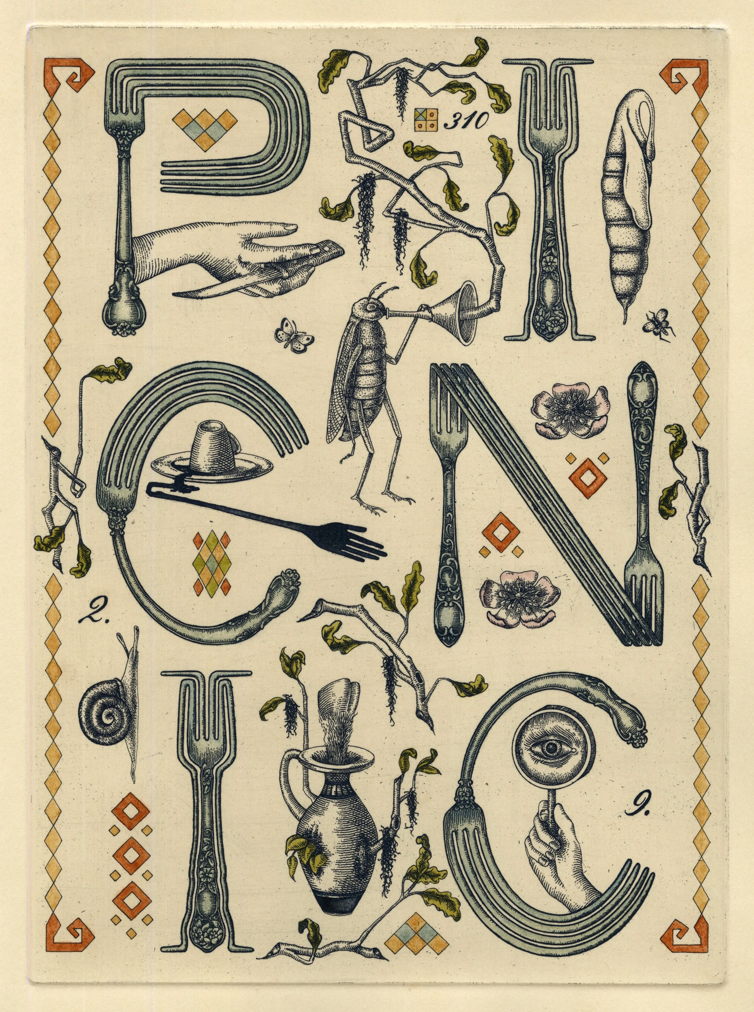 

Picnic VIII, (Part 8/8 of "Picnic" suite) etching & watercolor, 9"x12", 2025.
