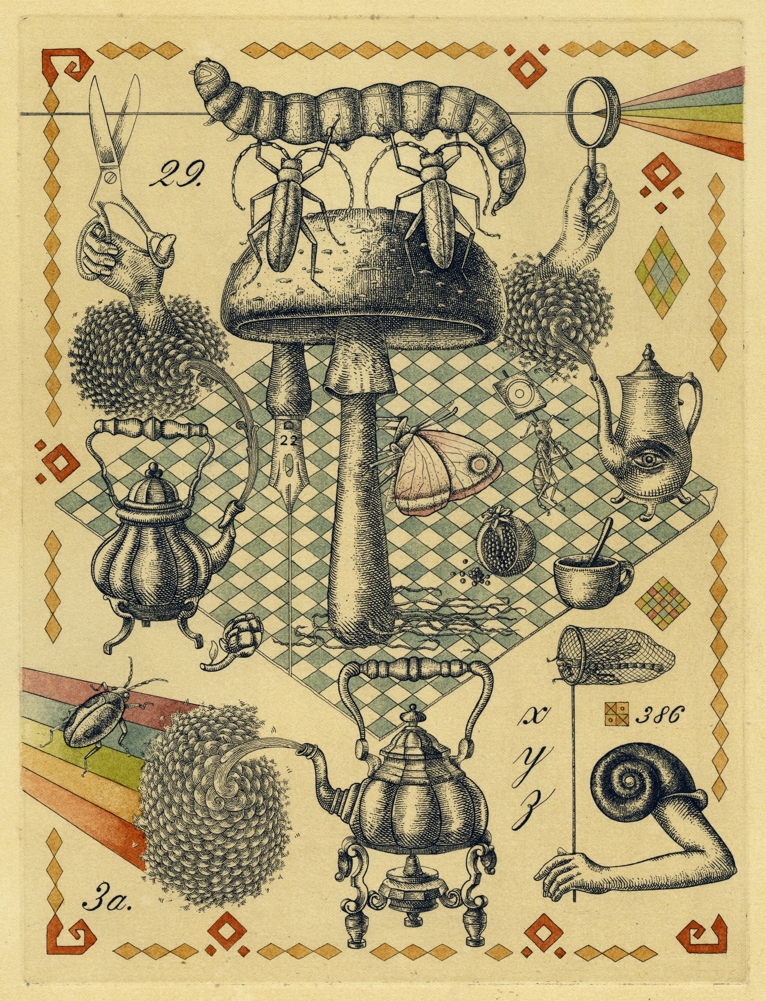 

Picnic VII, (Part 7/8 of "Picnic" suite) etching & watercolor, 9"x12", 2025.
