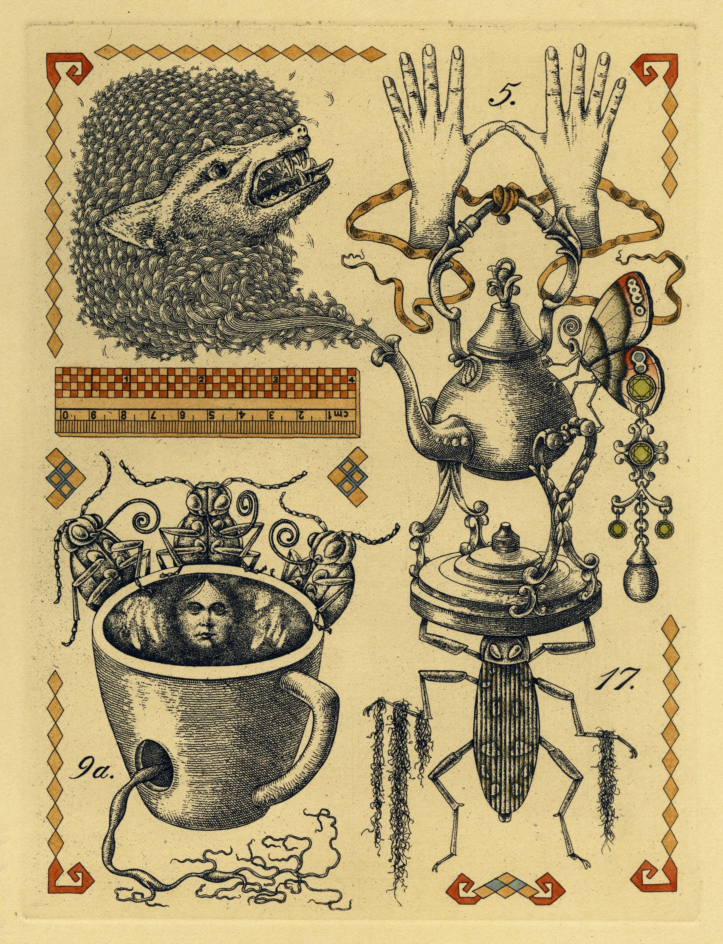 

Picnic V, (Part 5/8 of "Picnic" suite) etching & watercolor, 9"x12", 2025.
