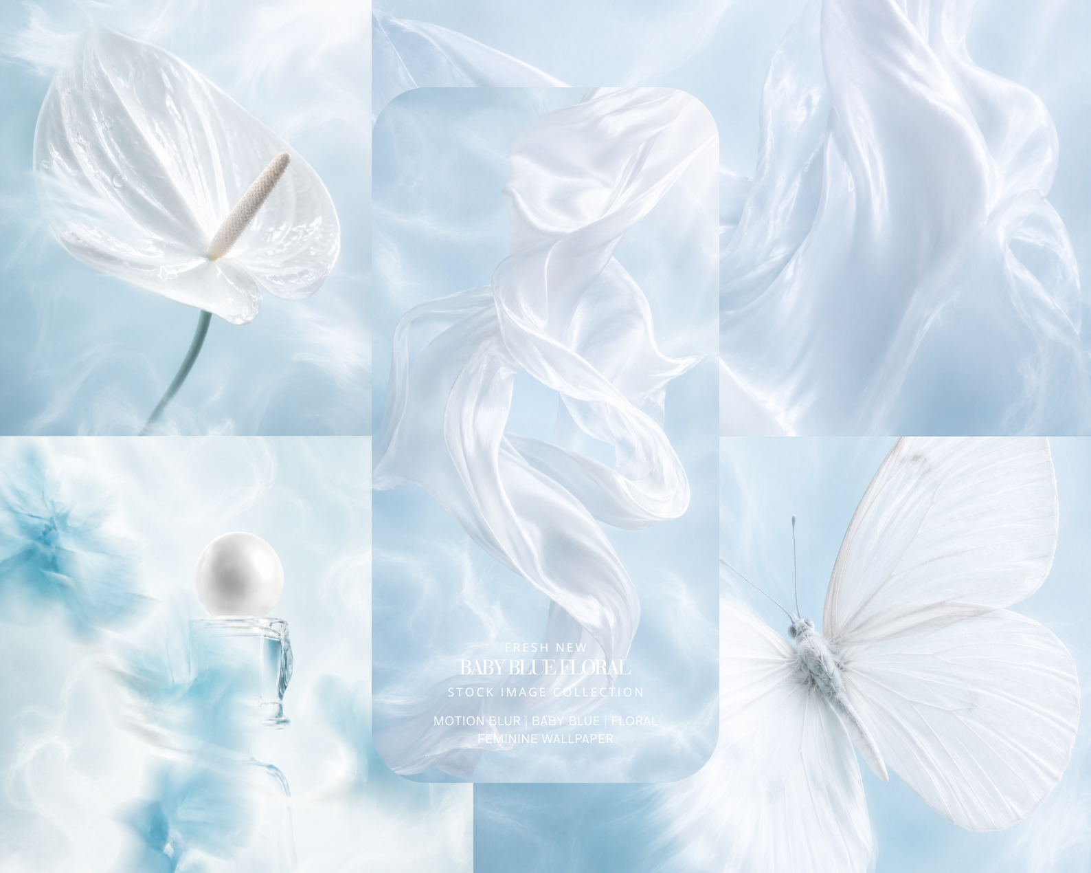26 BABY BLUE AESTHETIC STOCK IMAGES - AI FEMININE MOTION BLUR FLORAL, WHITE BUTTERFLY & PERFUME BOTTLE SOFT AQUA DREAMY WELLNESS EDITORIAL COLLECTION