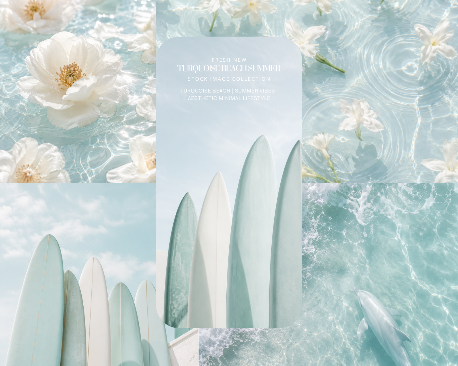 18 TURQUOISE BEACH SUMMER AESTHETIC STOCK IMAGES - AI FEMININE COASTAL LIFESTYLE, MINT SURFBOARD & WHITE PEONY TURQUOISE OCEAN SUMMER VIBES WELLNESS EDITORIAL COLLECTION
