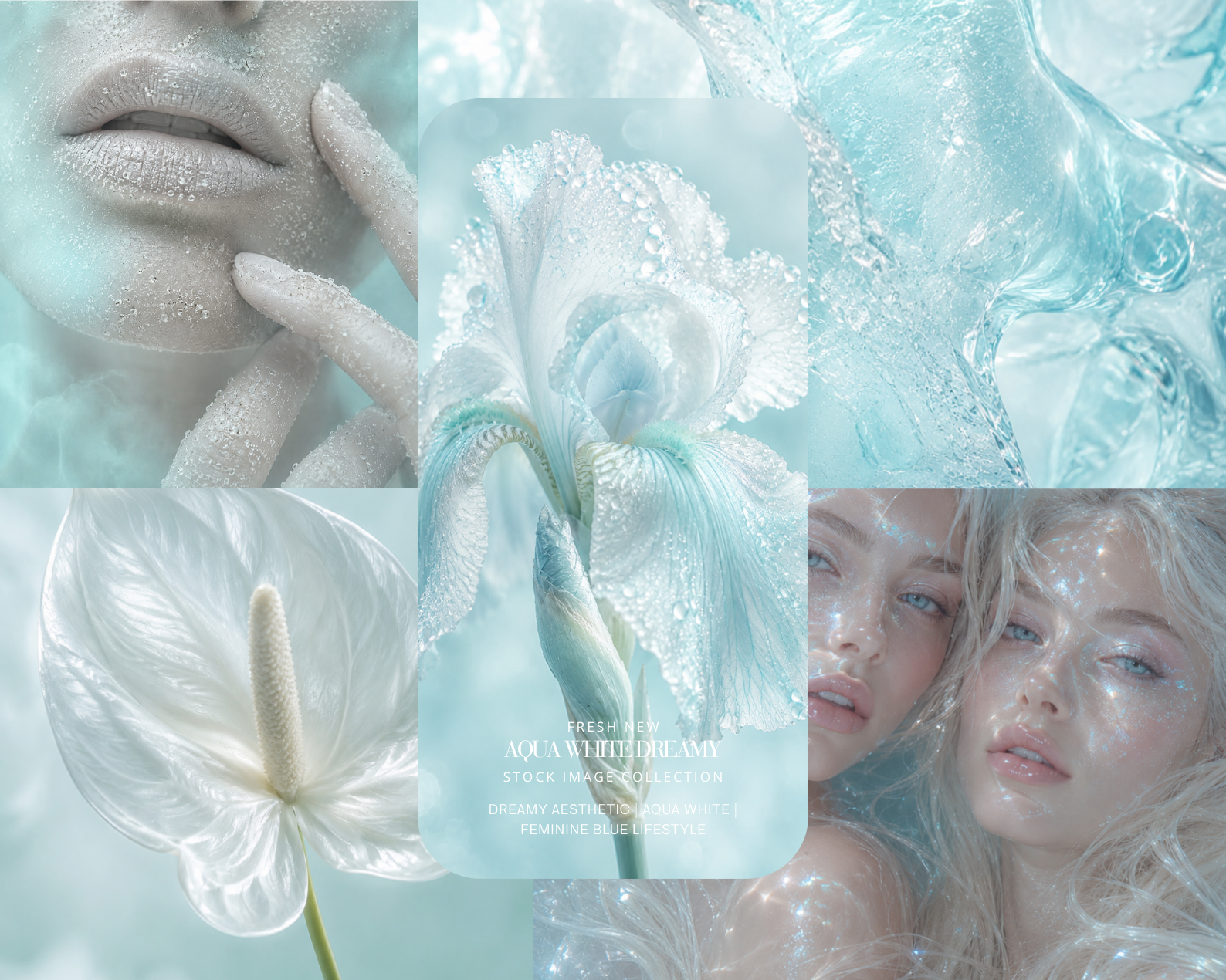 16 AQUA WHITE DREAMY AESTHETIC STOCK IMAGES | AI FEMININE ETHEREAL PORTRAIT, CRYSTALLINE FLORAL & OCEAN-INSPIRED DREAMY BLUE GODDESS WELLNESS EDITORIAL COLLECTION