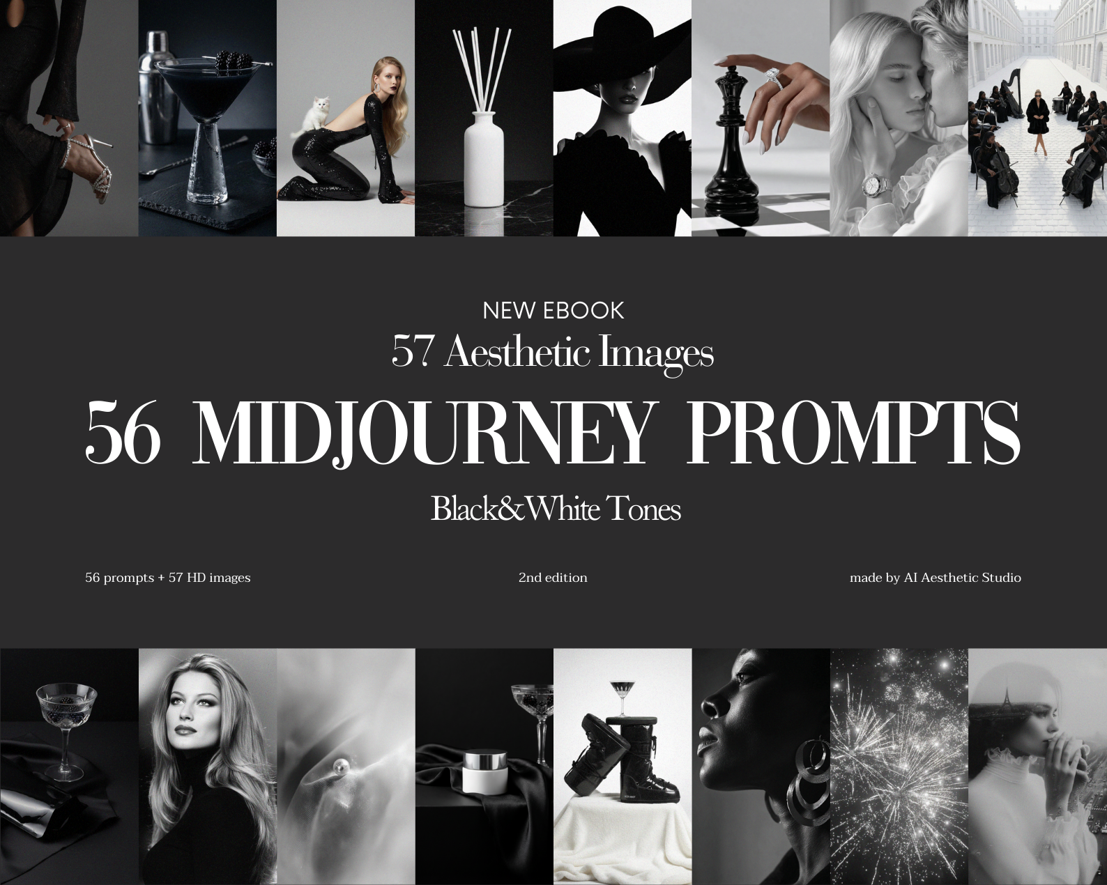 56 MIDJOURNEY PROMPTS + 57 AI BLACK&WHITE STOCK IMAGE COLLECTION