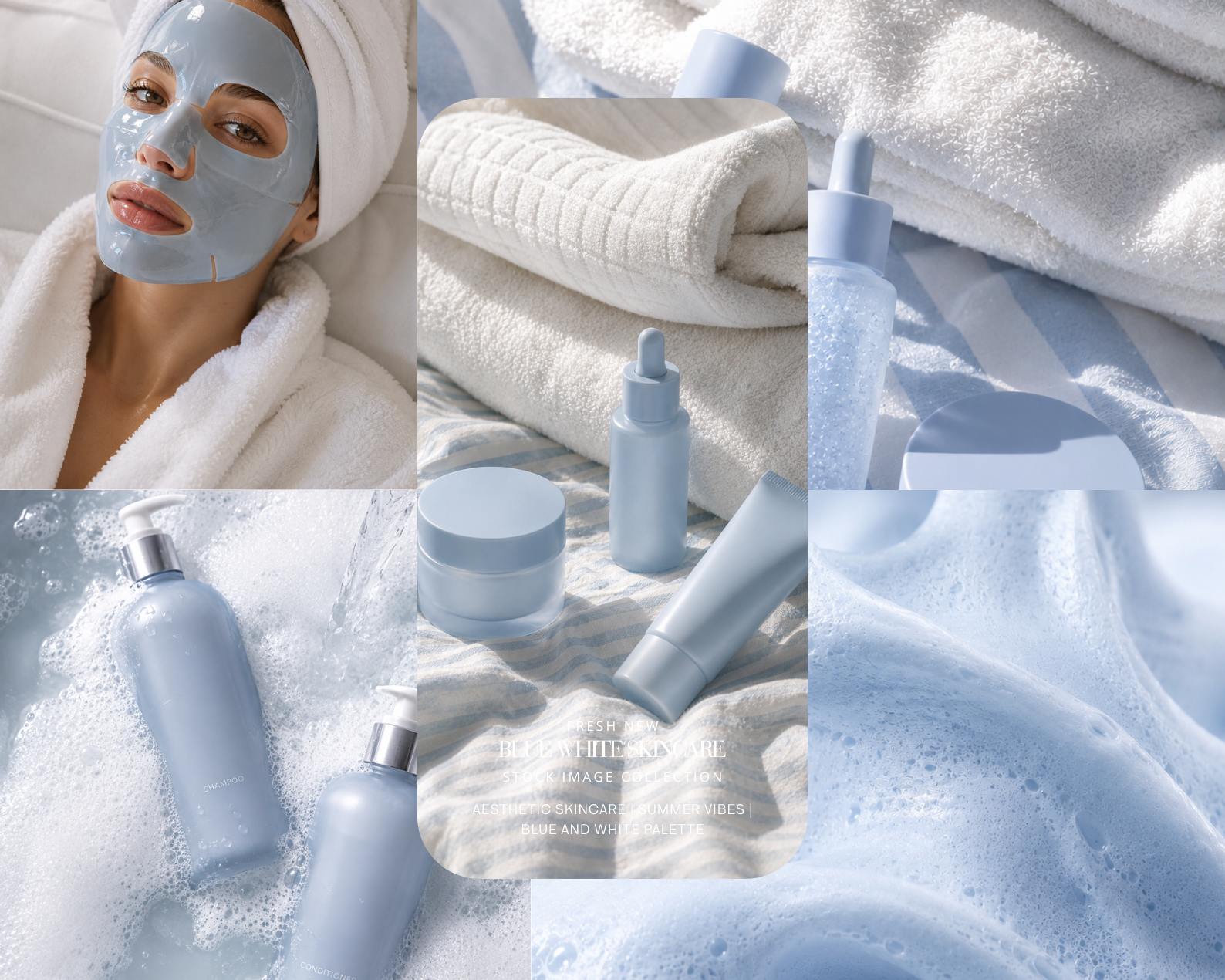 40 BLUE WHITE SKINCARE AESTHETIC STOCK IMAGES - AI FEMININE SKINCARE LIFESTYLE, TURQUOISE BEACH SUMMER & EDITORIAL BEAUTY LUXURY VISUAL COLLECTION