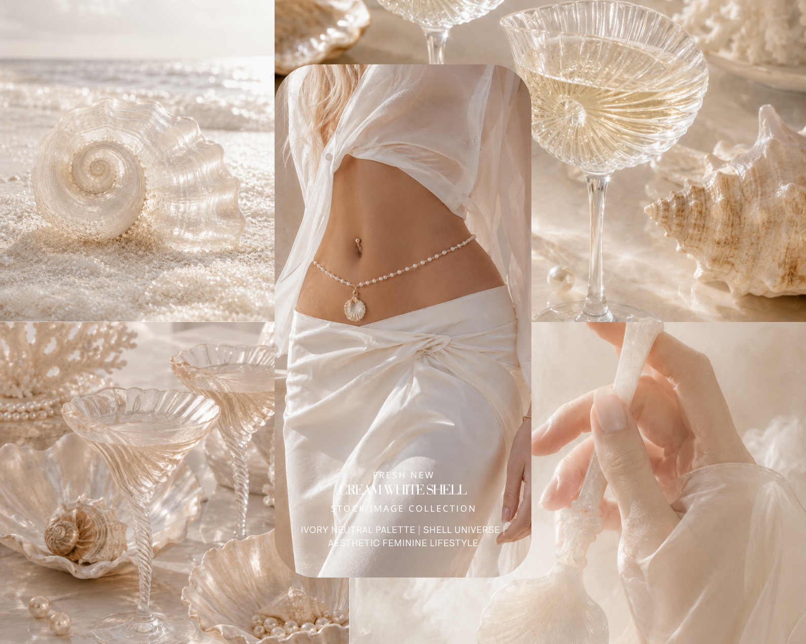 28 CREAM WHITE SHELL AESTHETIC STOCK IMAGES - AI FEMININE COASTAL LIFESTYLE, PEARL JEWELRY & NAUTILUS SHELL IVORY NEUTRAL EDITORIAL COLLECTION