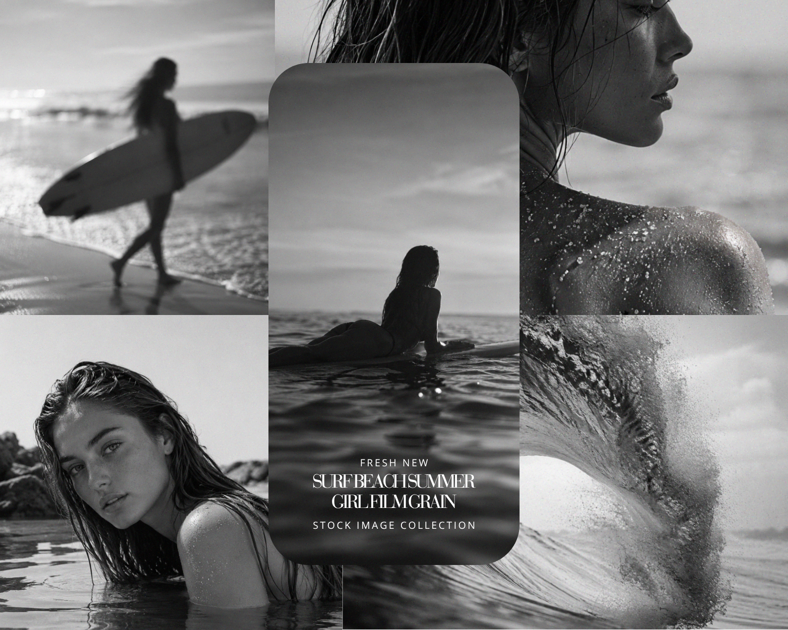 46 SURF BEACH SUMMER GIRL FILM GRAIN STOCK IMAGES - AI BLACK & WHITE FEMININE SURF LIFESTYLE, CINEMATIC WAVE & EDITORIAL BEACH FASHION LUXURY VISUAL COLLECTION