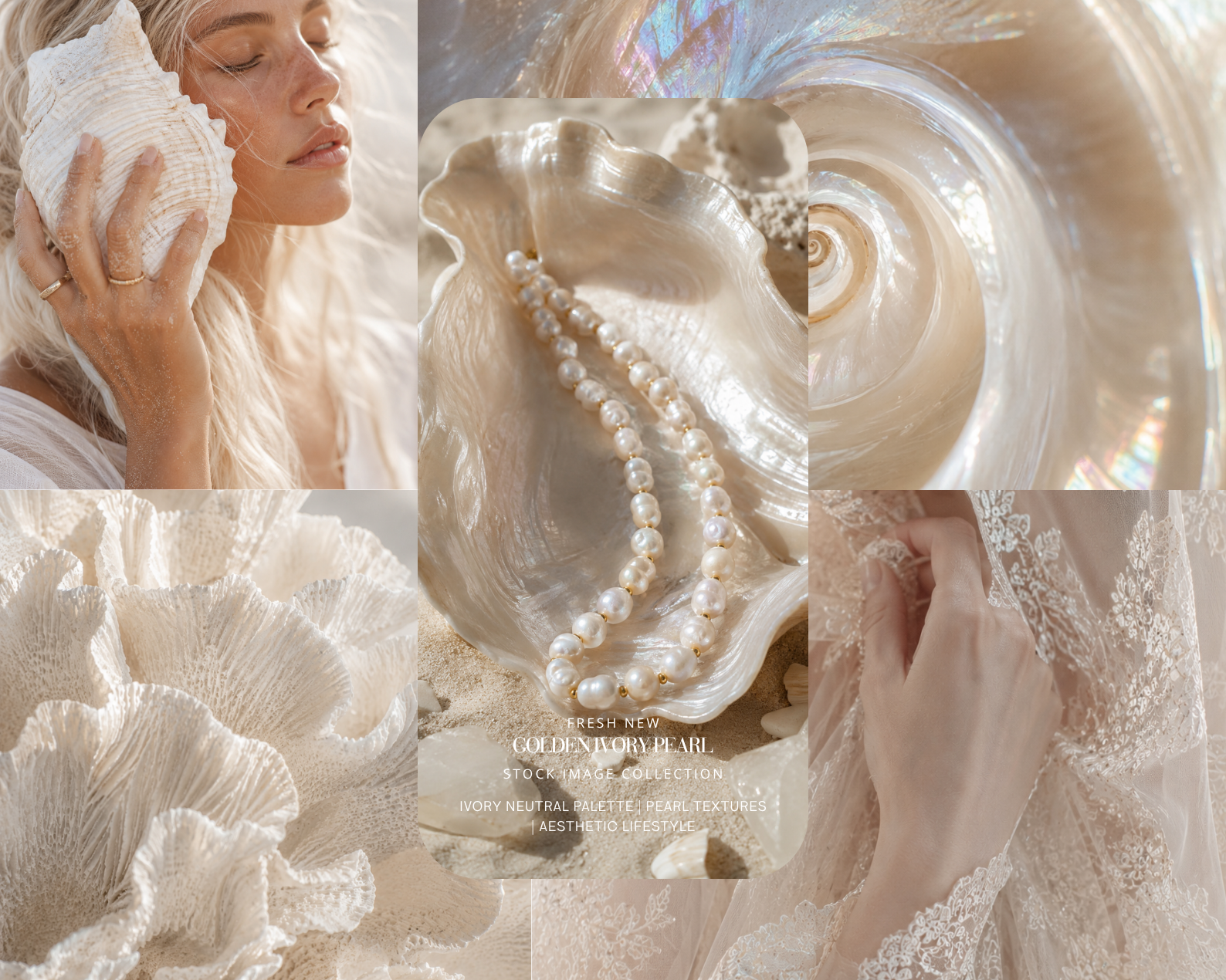 30 GOLDEN IVORY PEARL STOCK IMAGES - AI WARM SUMMER FANTASY, PEARL COUTURE BRIDAL & CLAMSHELL GODDESS EDITORIAL COLLECTION