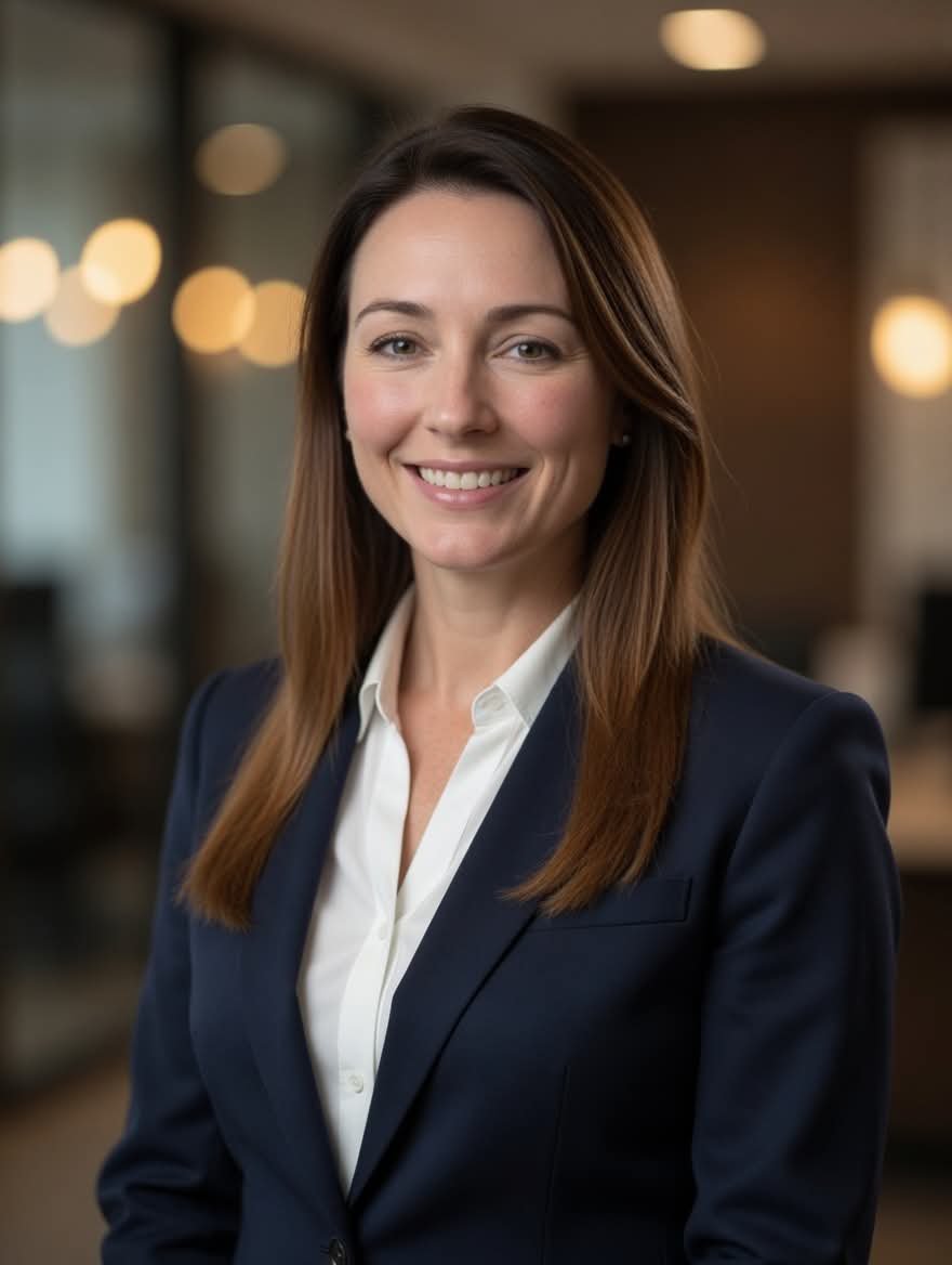 A woman with shoulder-length brown hair, wearing a dark business suit and white shirt, smiling in an office setting with blurred lights in the background.