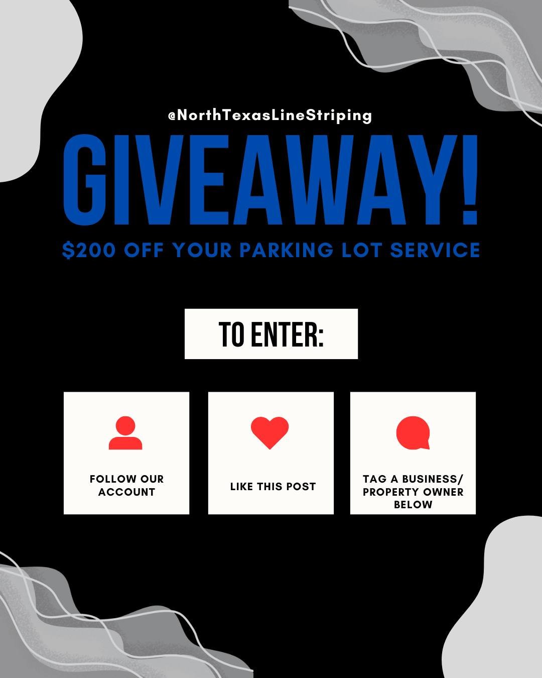 🚨 GIVEAWAY TIME! 🚨

We&rsquo;re showing some appreciation to our amazing North Texas community with a chance to win $200 OFF your next parking lot service! 

Whether you need line striping, sealcoating, signage, or wheel stops, this is your chance 