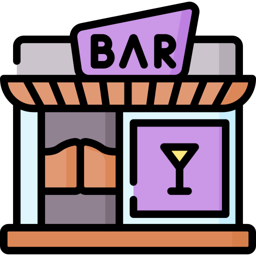 Cute illustration of a bar storefront with a purple sign reading 'BAR' and a window with curtains, featuring a cocktail glass symbol on the door.