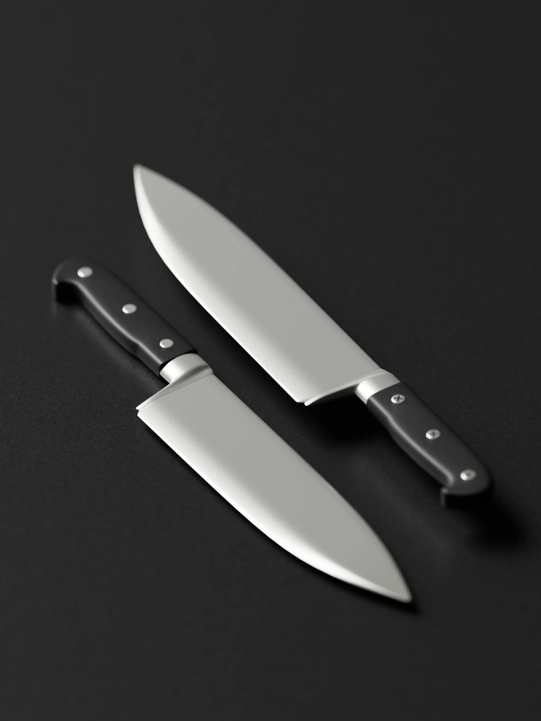 A chef's knife and a utility knife on a dark background.