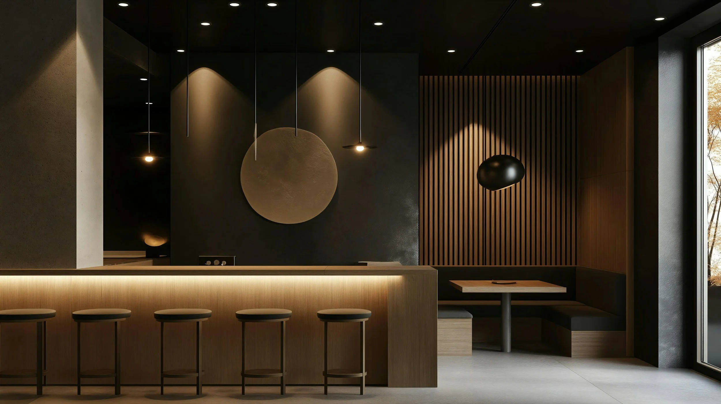 Modern bar or cafe interior with minimalist design, wooden accents, black pendant lights, and seating area with stools and tables near a large window.