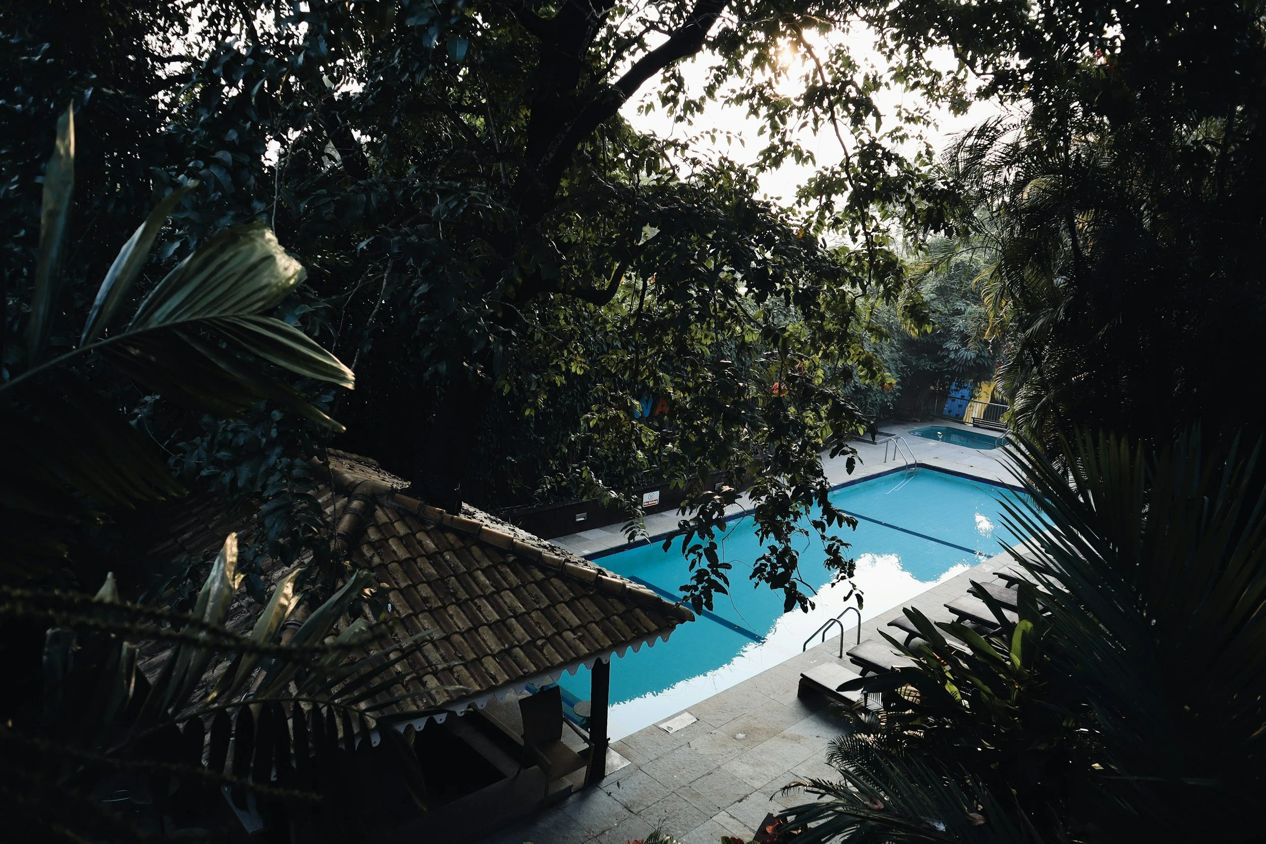An outdoor swimming pool with lounge chairs surrounded by lush green tropical trees and plants, with a partly cloudy sky overhead.