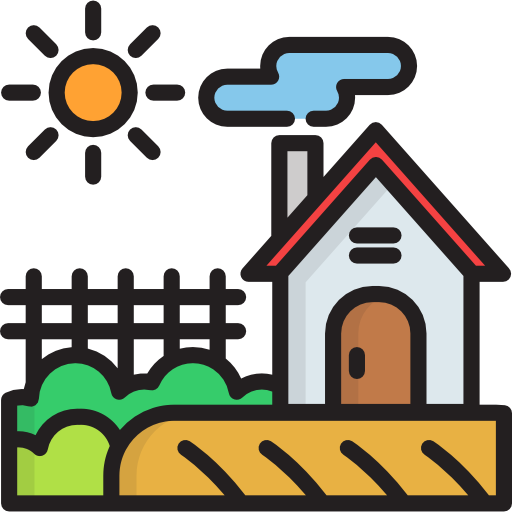 A cartoon illustration of a house with a red roof, a chimney emitting smoke, a fence, green bushes, a bright sun, and a cloud in the sky.