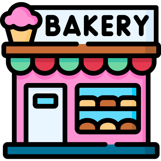Colorful bakery storefront with a cupcake sign, striped awning, and display window with baked goods.