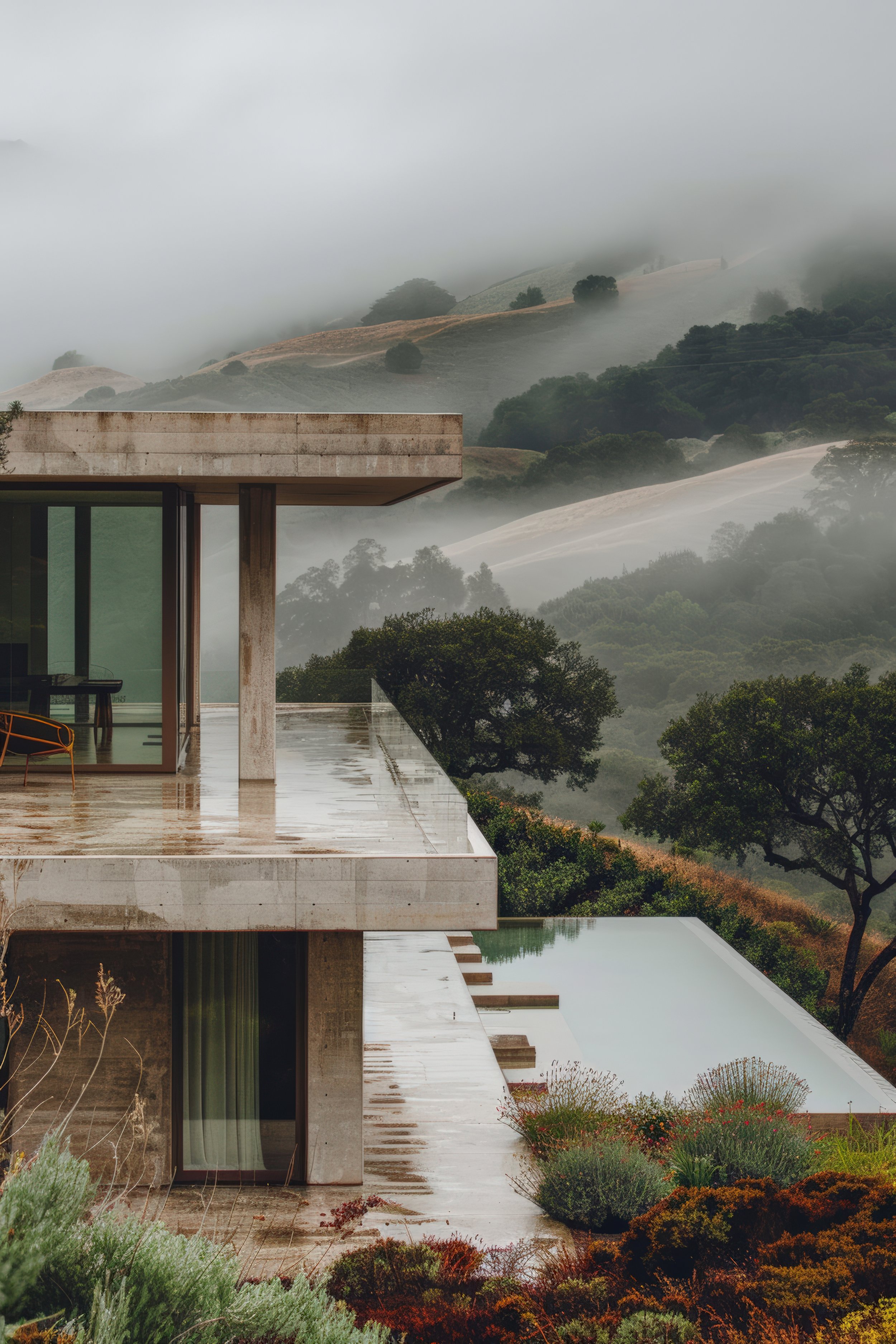 Modern house with large glass windows and concrete exterior, located on a hillside with a view of fog-covered mountains and lush trees in the background.