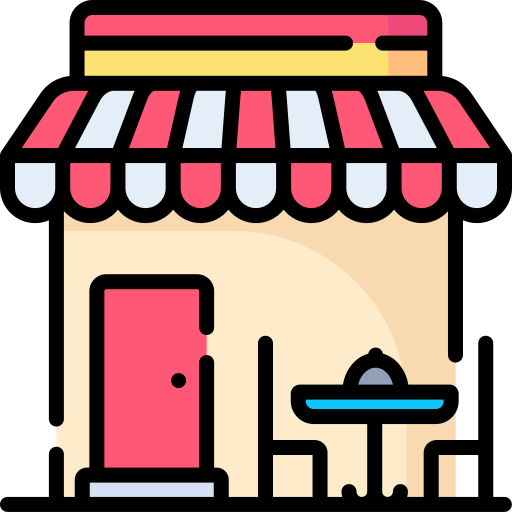 Illustration of a storefront with a pink door, striped awning, and outdoor seating area