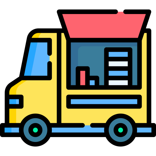 Cartoon food truck with a pink canopy, yellow body, and a window displaying a burger and drink.