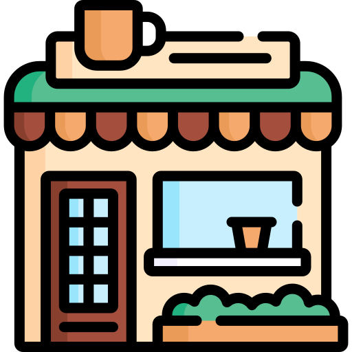 Cartoon illustration of a small storefront with a green awning, a door with window panes, and a large window with a coffee cup on the windowsill.