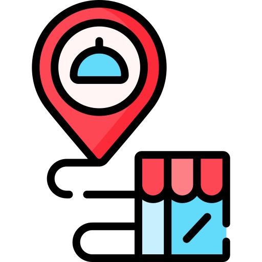 Map pin icon with a turquoise dome-shaped icon inside, and a hand pressing a button, representing location and shopping or interaction.