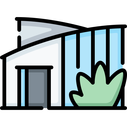 Illustration of a modern house with large windows, a front door, and a small bush in front.