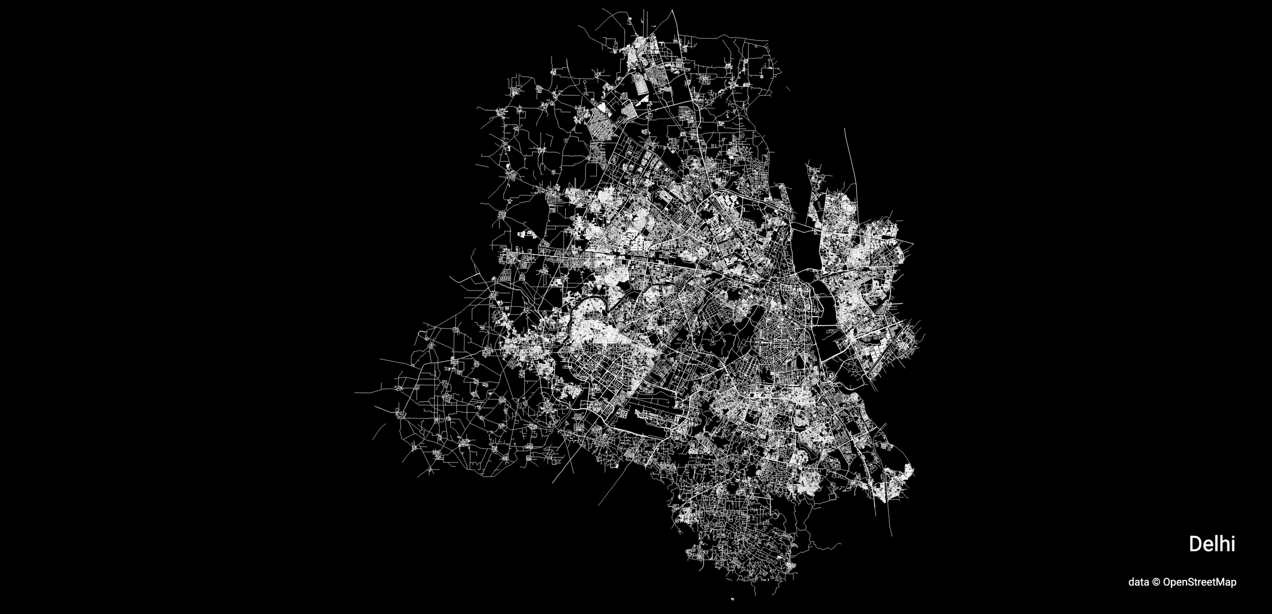 Map of Delhi with detailed street layout on a black background, labeled 'Delhi' in the bottom right corner.