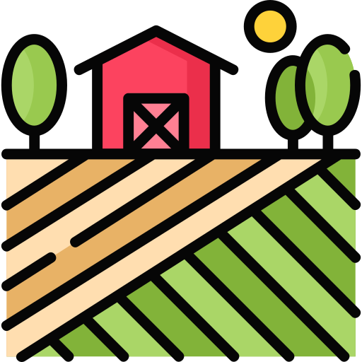 Farm landscape with a red barn, green trees, and a yellow sun in the night sky.