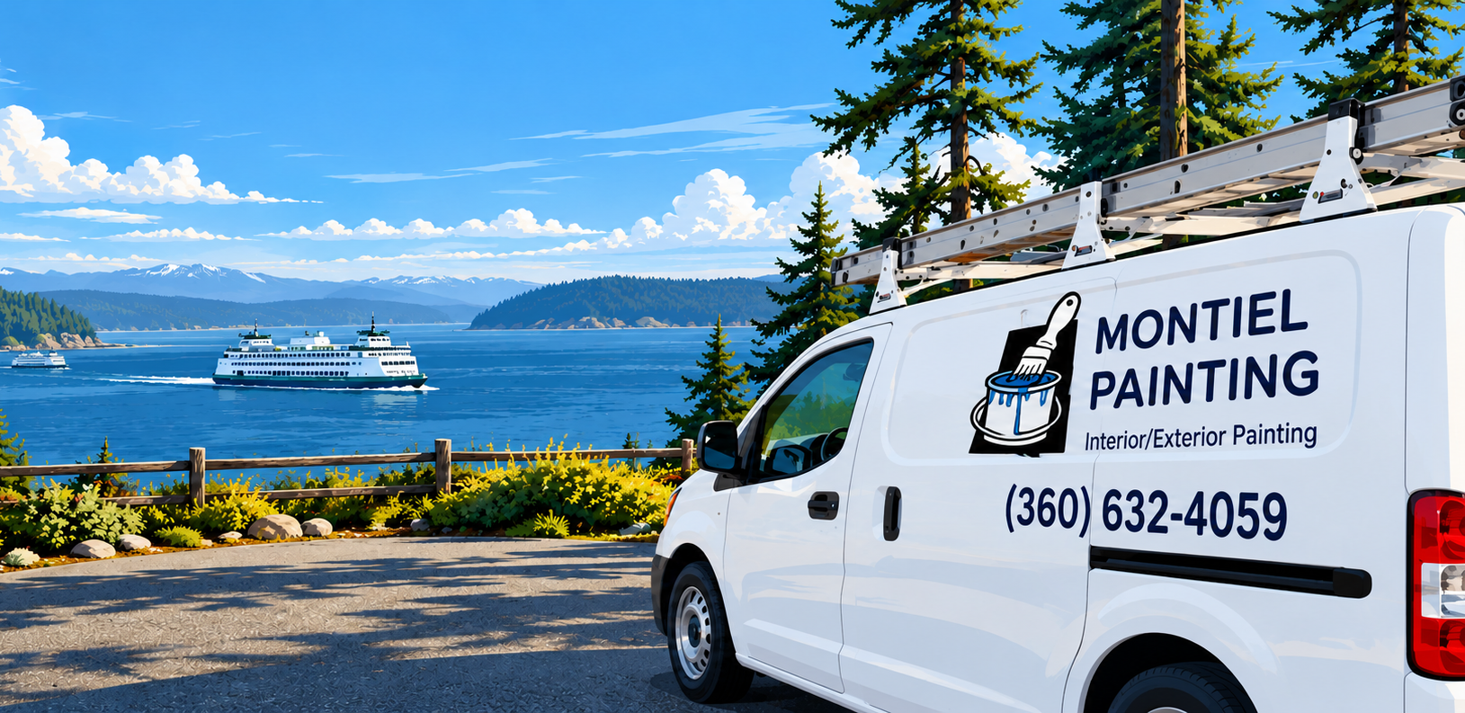 Ferry going across the ocean. White van parked.