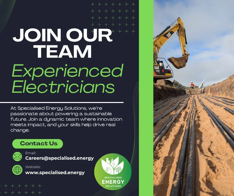 ⚡ We&rsquo;re Hiring &ndash; Electricians ⚡

At Specialised Energy Solutions, we&rsquo;re passionate about powering a sustainable future. From large-scale solar farms to cutting-edge BESS projects, our team is at the forefront of delivering renewable