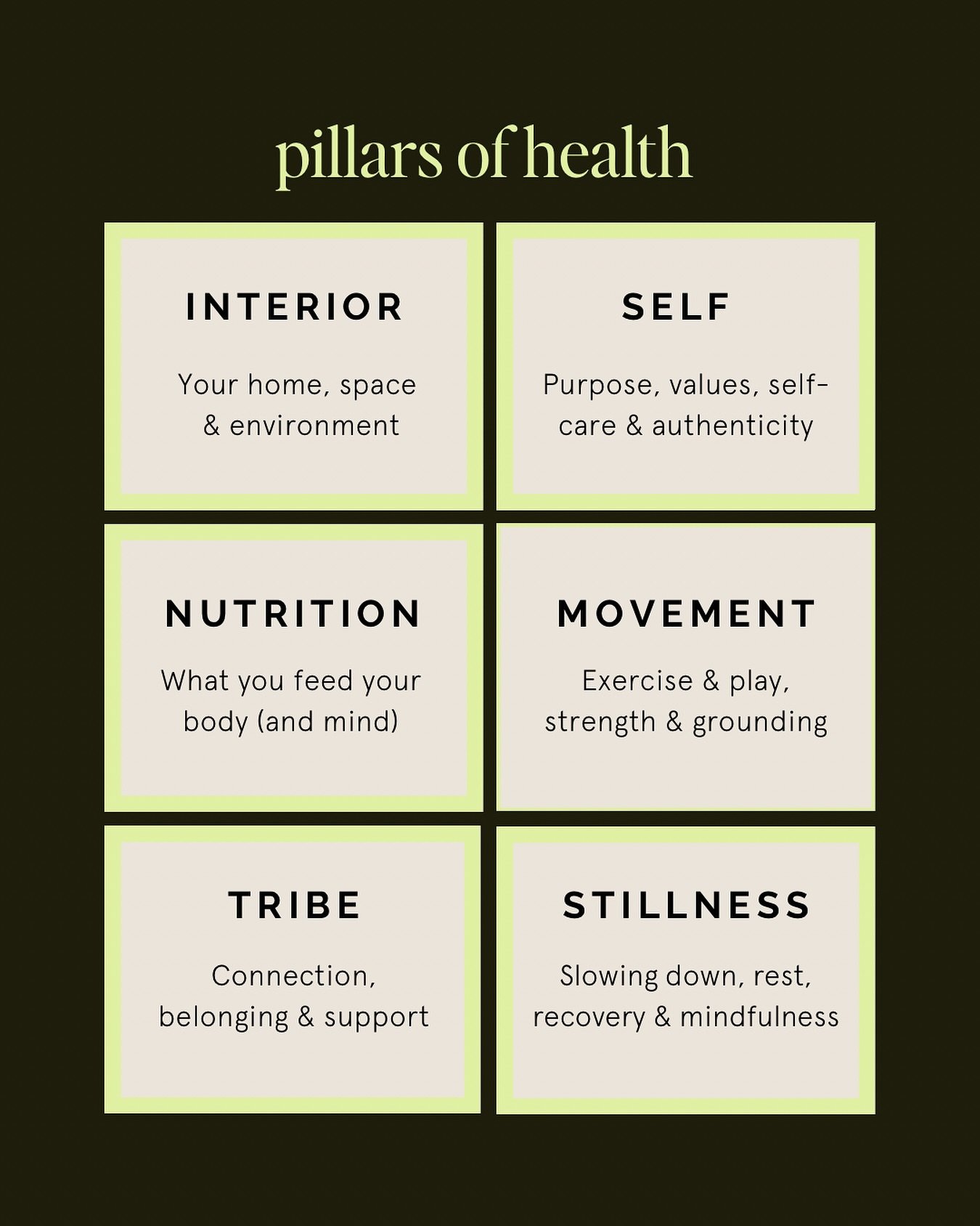 True health isn&rsquo;t just physical&mdash;it&rsquo;s how you think, feel, and show up in every part of your life.

That&rsquo;s why I work with 6 core pillars to help women rebuild their health from the inside out:

🪴 INTERIOR &ndash; your home, s