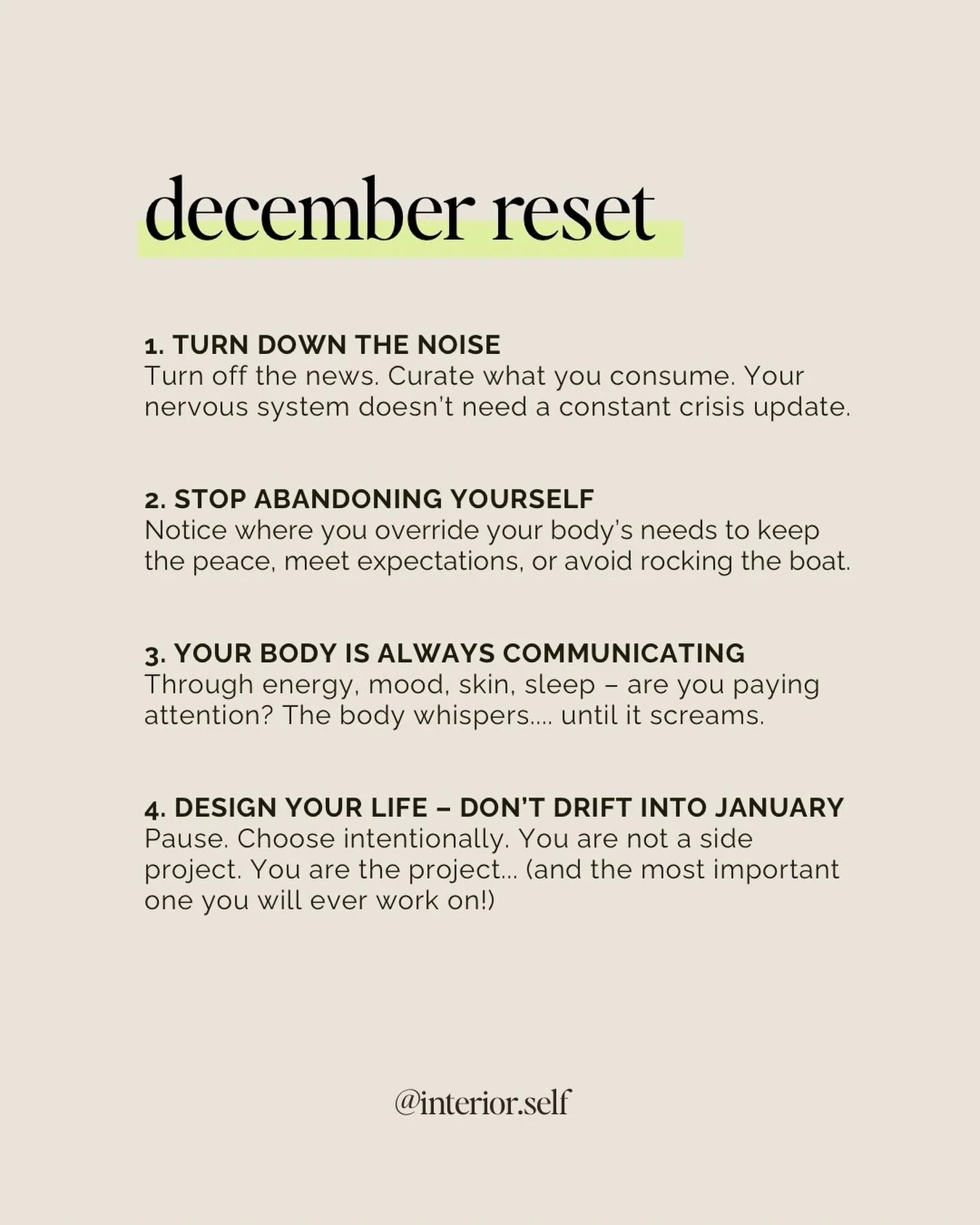 December has a way of telling the truth. ✨

About what&rsquo;s draining you.
What you&rsquo;ve been tolerating.
And where you&rsquo;ve been outsourcing your energy and attention.

This isn&rsquo;t about fixing yourself.
It&rsquo;s about noticing what