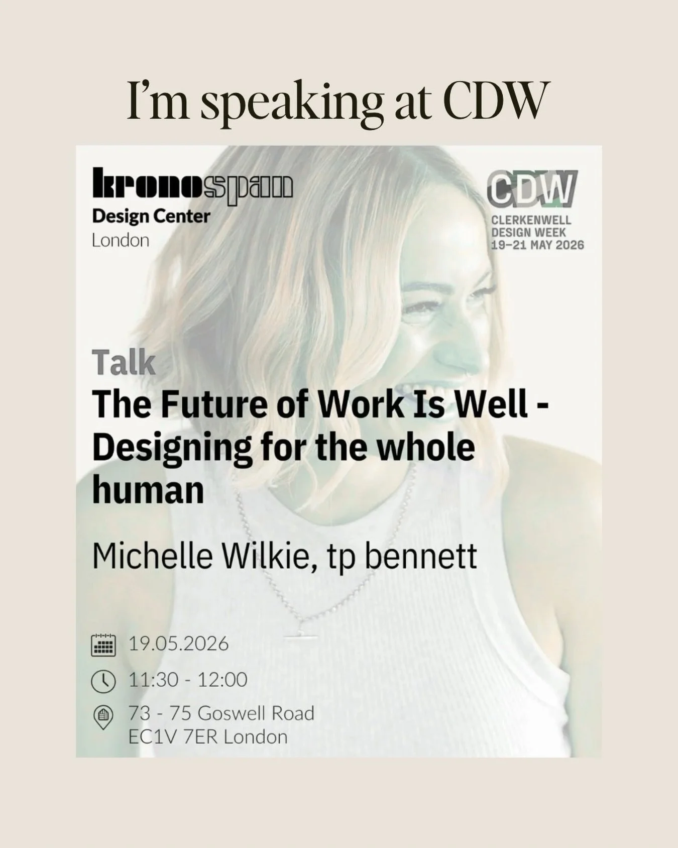 Im speaking at Clerkenwell Design Week - hosted @krono.dc.london 

📅 Tuesday 19 May 
 ⌚ 11:30am to 12:00pm
 🎤 The Future of Work Is Well

What does it really mean to design for people and not just productivity?

Drawing on my experience designing w