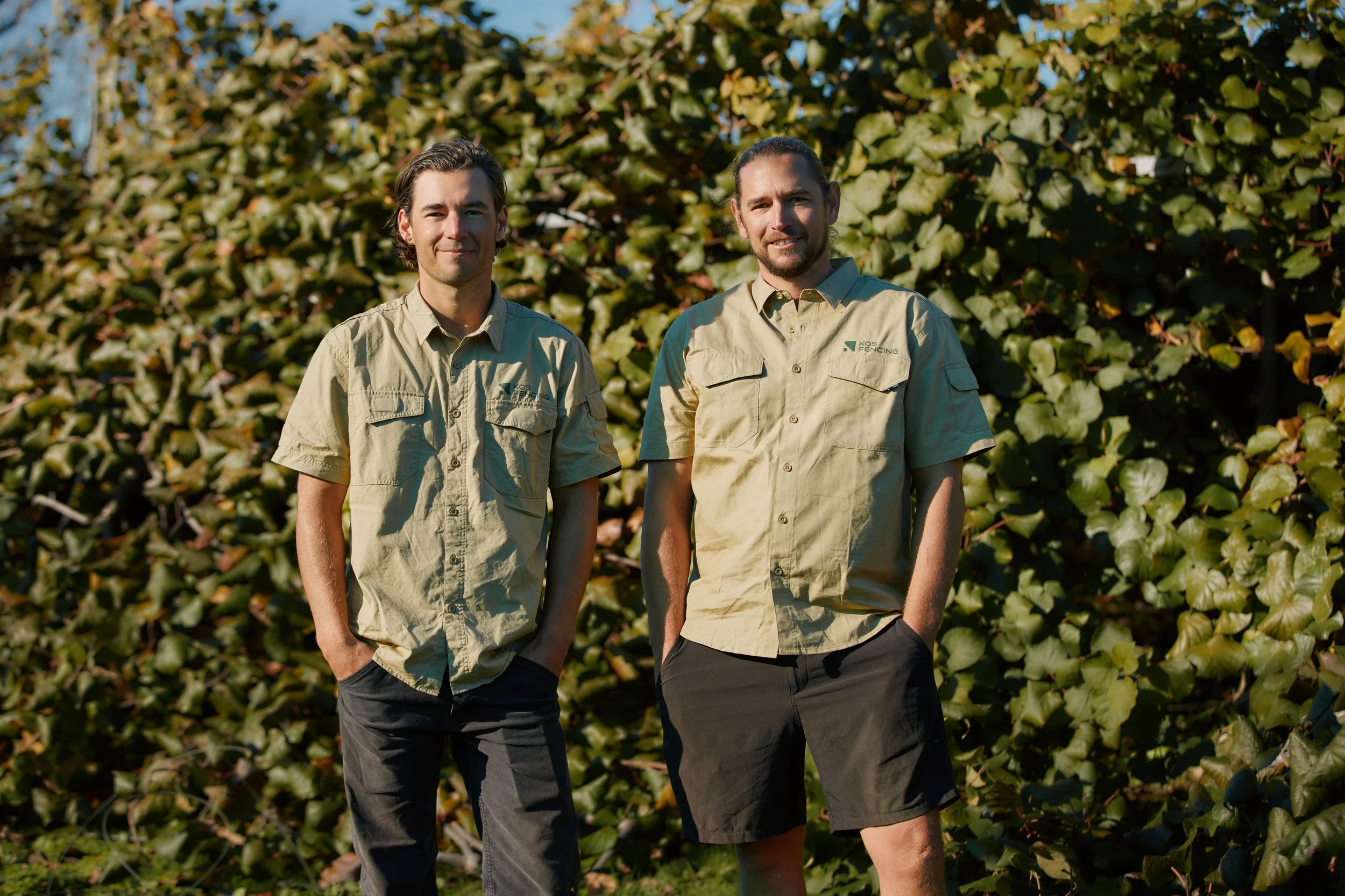KOS Fencing two male directors, standing in a kiwifruit orchard.