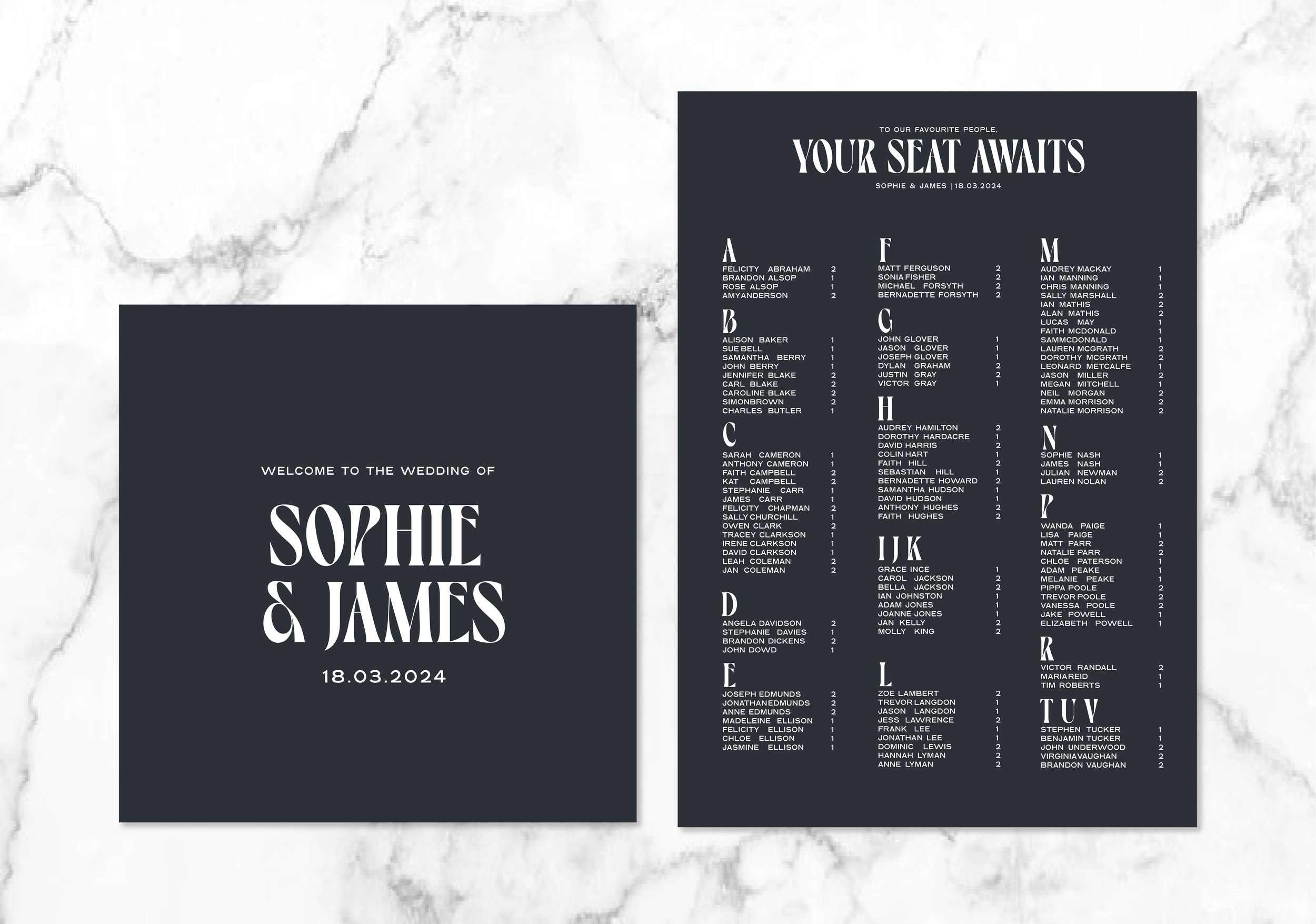 Wedding invitation and seating plan template on marble background featuring stylish black and white design. The invitation shows names "Sophie & James" with the date "18.03.2024". The seating chart lists guest names alphabetically by last name initial.