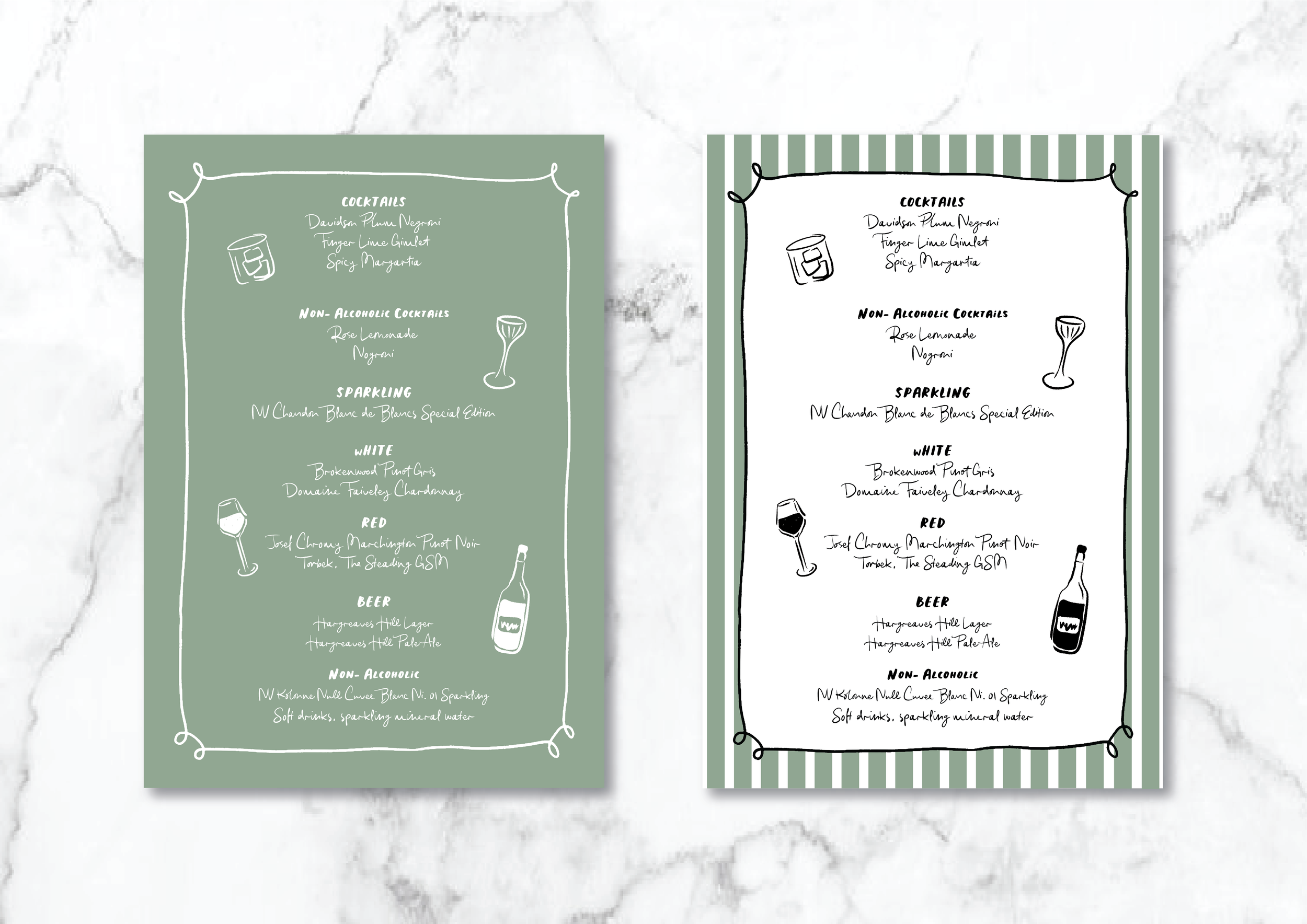 Two elegant drink menus on a marble background, featuring categories like cocktails, non-alcoholic cocktails, sparkling, white wine, red wine, beer, and non-alcoholic options. Illustrated elements include glasses and bottles, with light green and white color schemes.