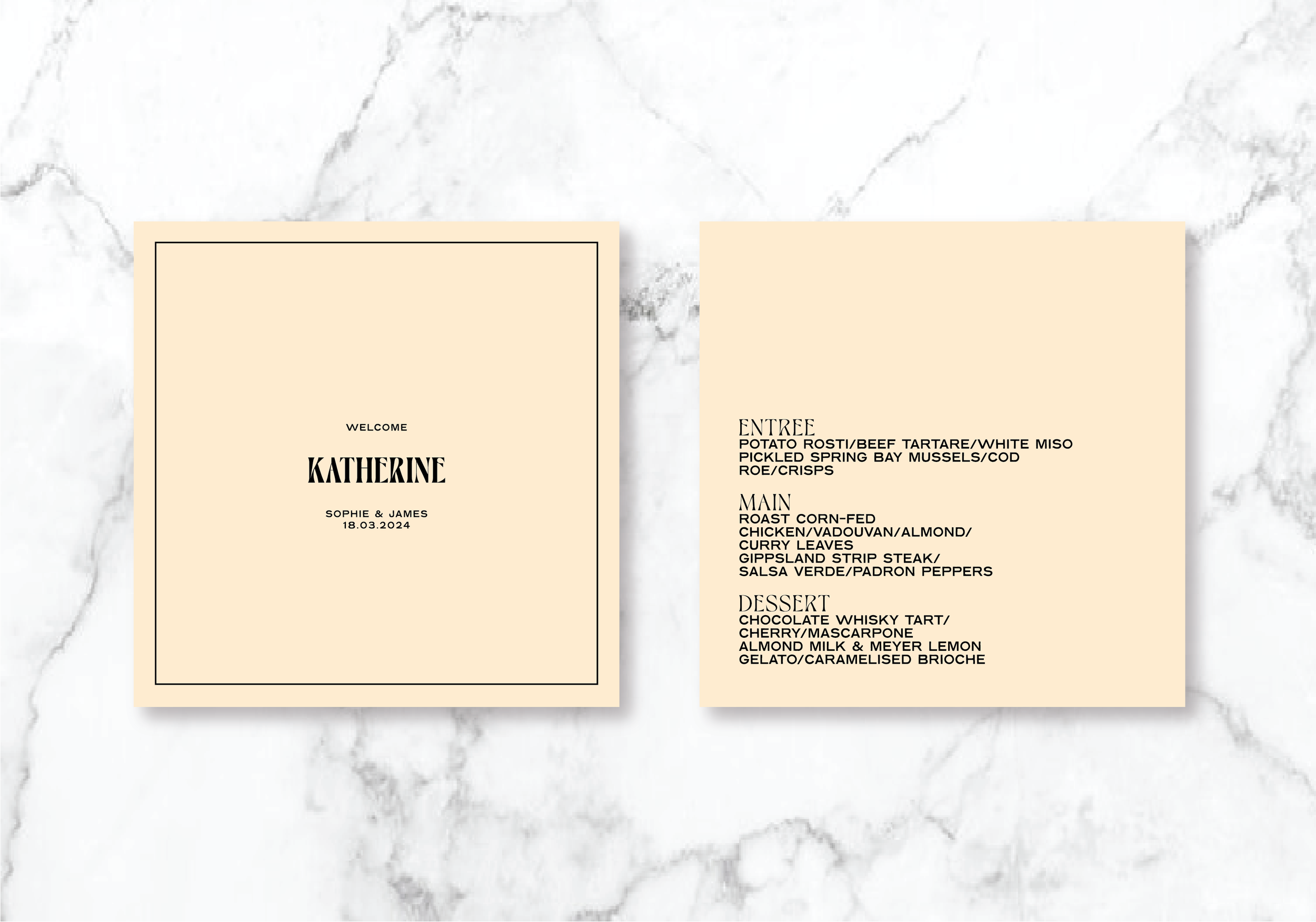 Wedding menu on marble background with welcome message for Katherine, dated March 18, 2024, featuring entrees like potato rosti, beef tartare, and main dishes including roast chicken and Gippsland strip steak, followed by desserts such as chocolate whisky tart and almond milk gelato.