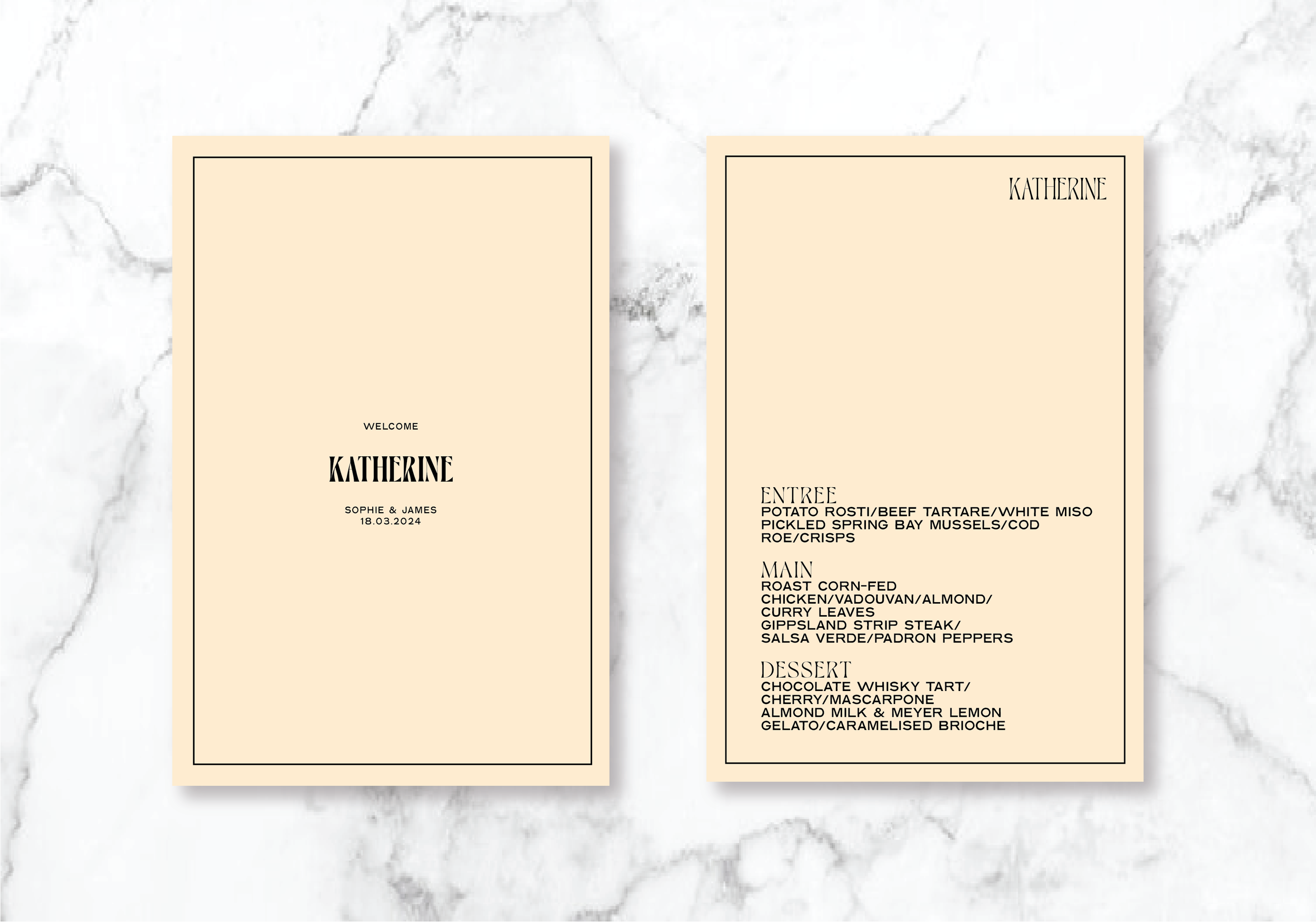 Wedding menu with marble background featuring entree, main, and dessert options, dated March 18, 2024, with names 'Katherine,' 'Sophie & James.'