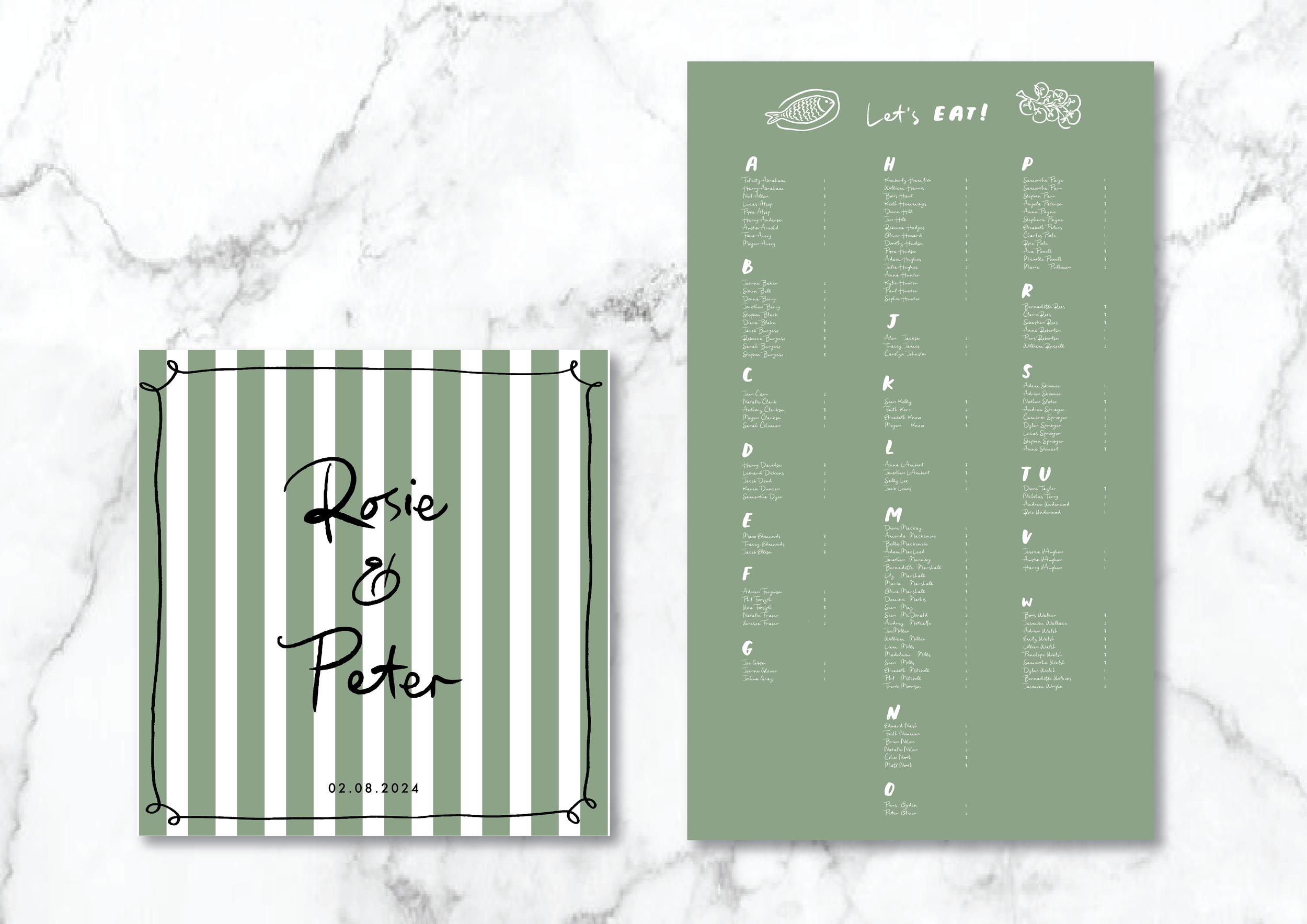 Wedding seating chart and invitation with green striped design, names "Rosie & Peter," and date "02.06.2024," on a marble background.