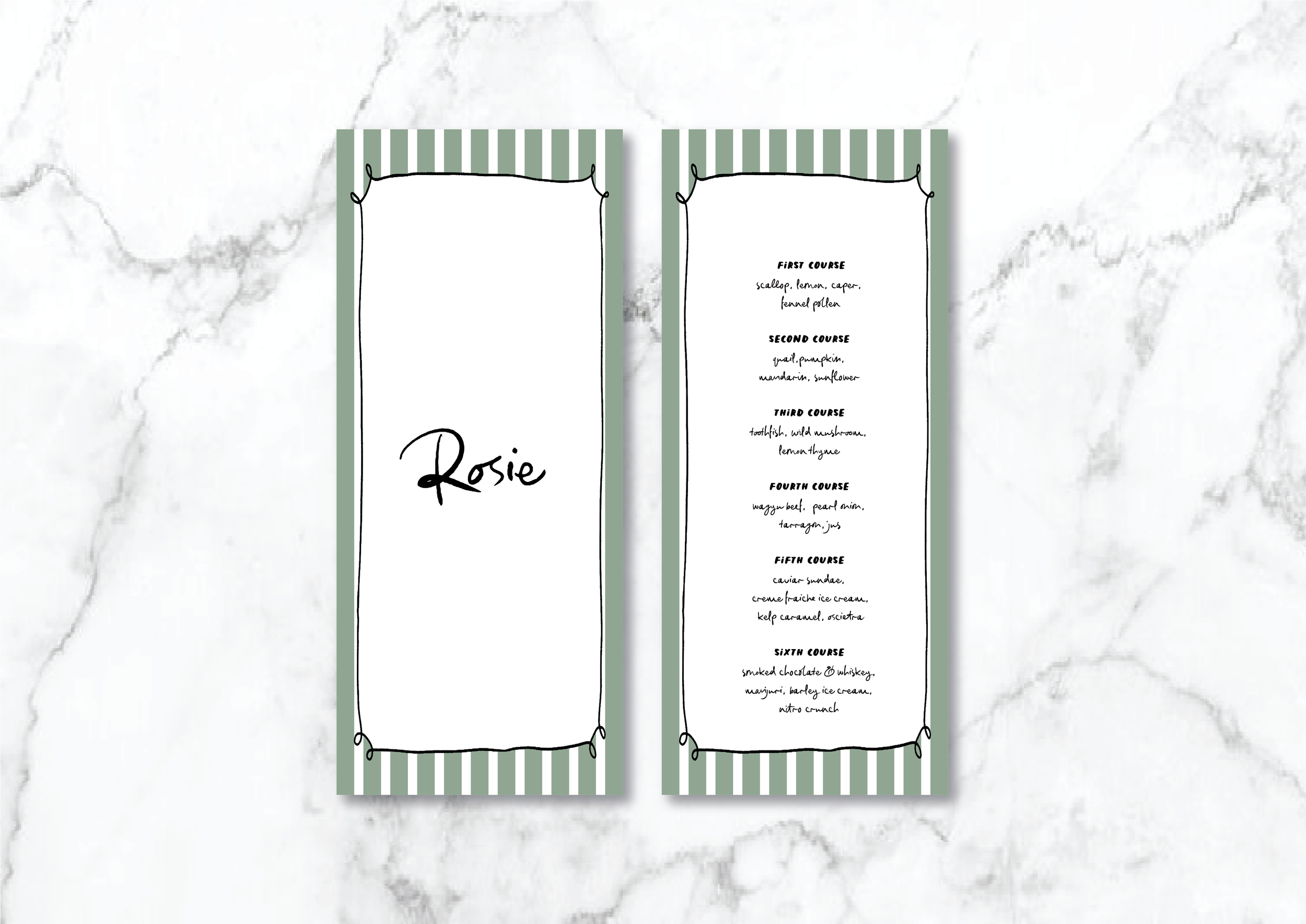 Elegant menu in black and white with green stripes, featuring six courses with dishes like scallop with fennel pollen and smoked chocolate with whiskey.