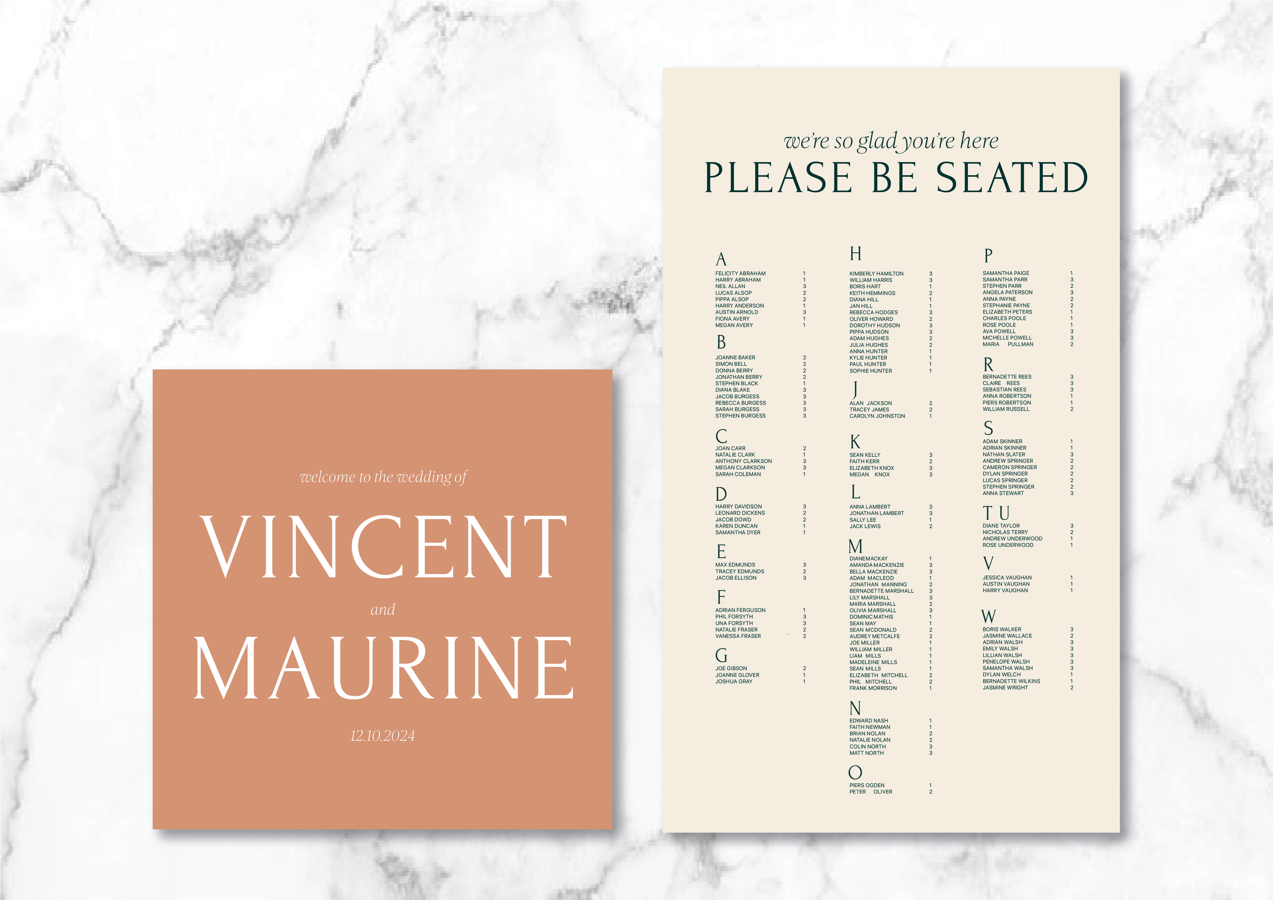 Wedding seating chart and welcome sign with names Vincent and Maurine, dated December 10, 2024, on a marble background.