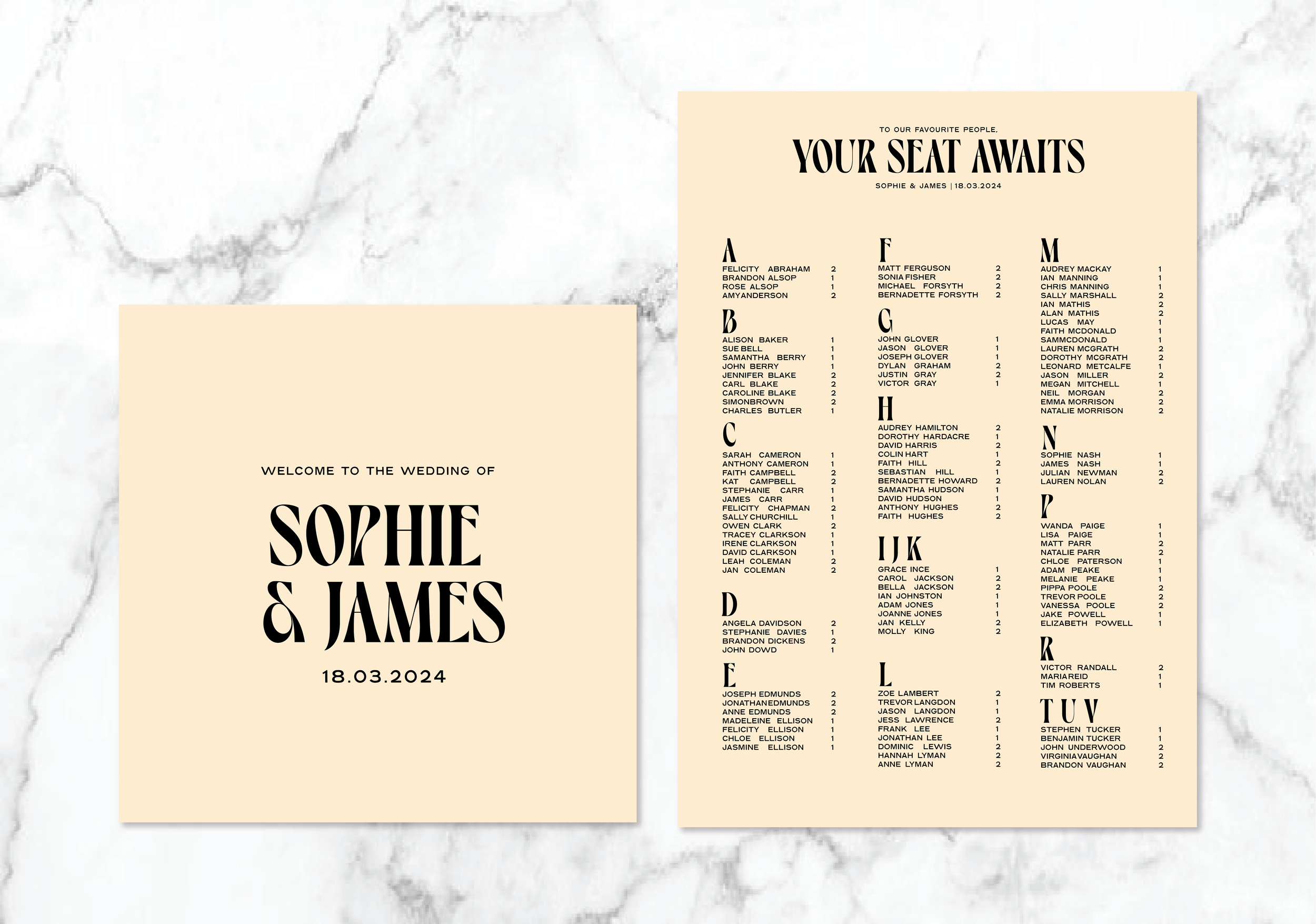 Wedding invitation and seating chart for Sophie and James' wedding dated March 18, 2024, displayed on a marble background.