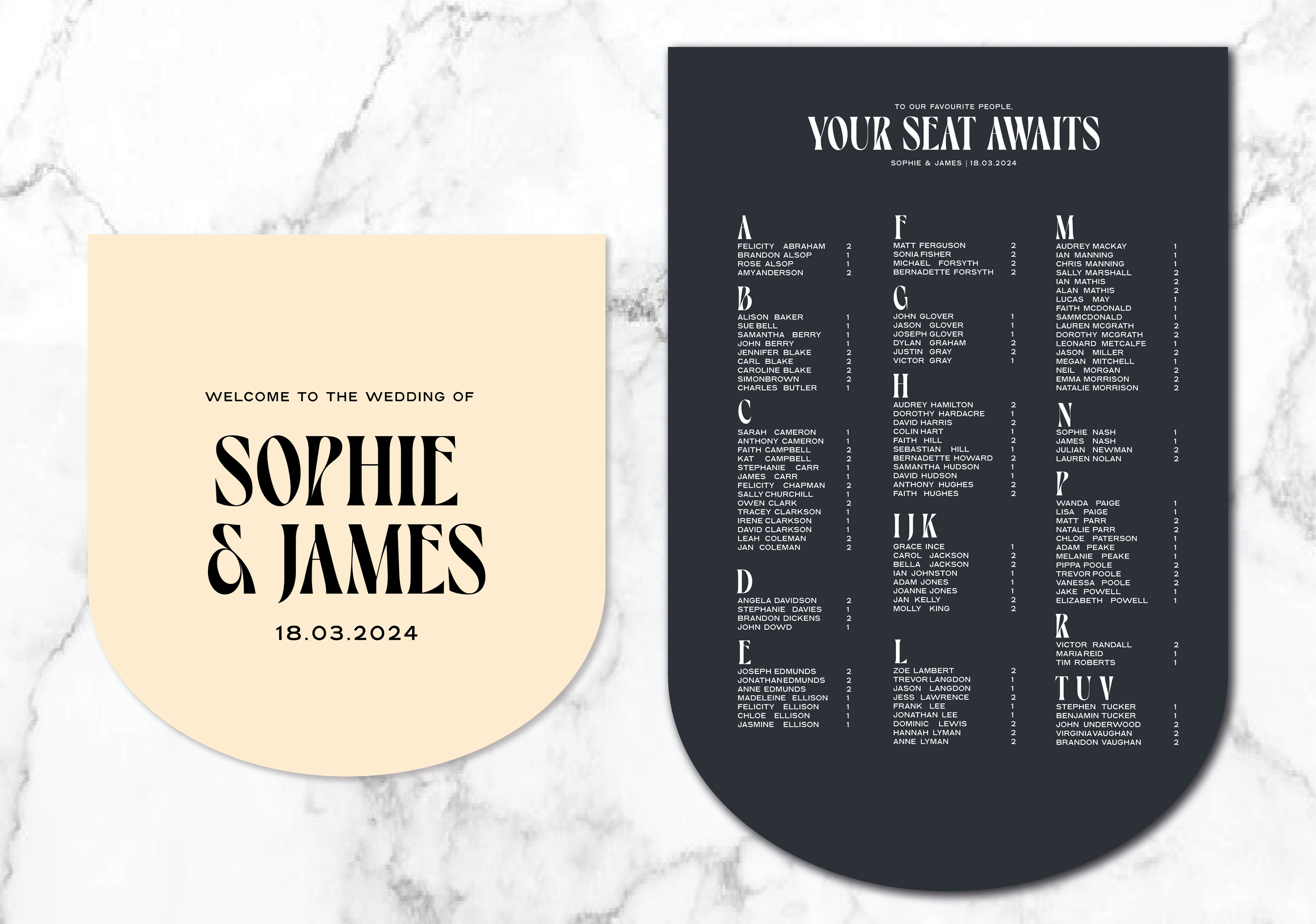 Wedding seating chart for Sophie and James on March 18, 2024, with guest names listed alphabetically by last name.