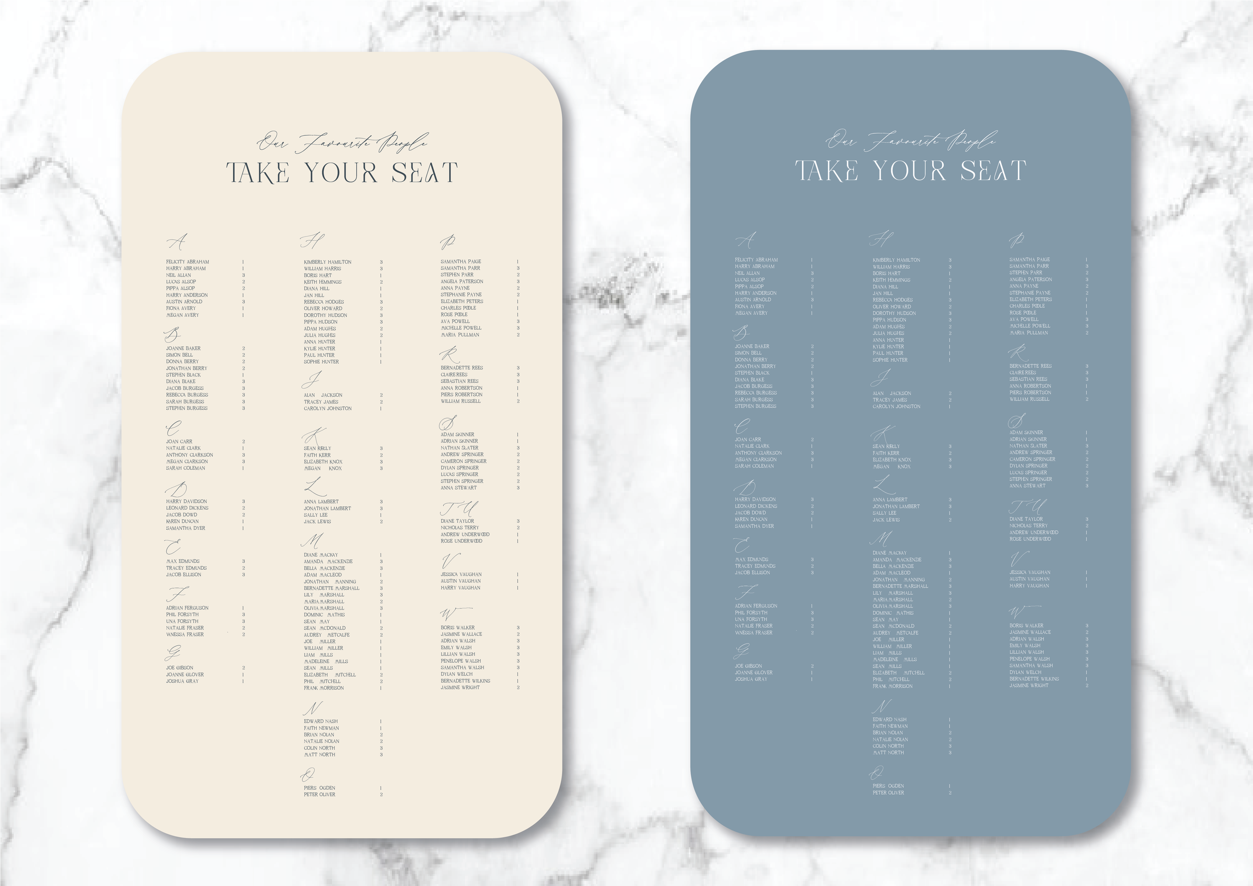 Wedding seating chart with guest names and table numbers on a marble background, featuring two variations in blue and beige colors.