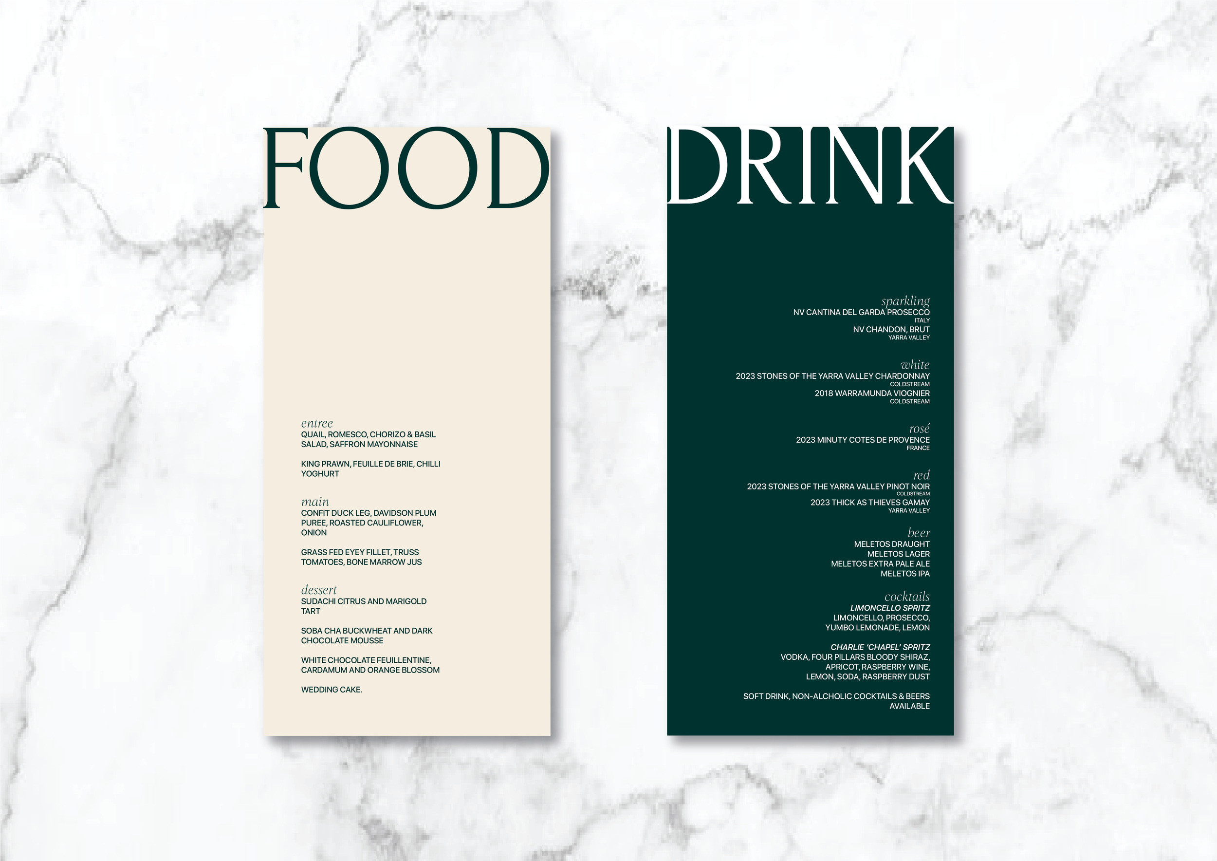 A minimalist menu on a marble background with two sections: "FOOD" on a beige card and "DRINK" on a dark green card. The food menu includes entrees, mains, and desserts with items like quail with romesco, king prawn, and wedding cake. The drink menu lists sparkling wines, white and red wines, rosé, beer, and cocktails such as Limoncello Spritz and Charlie Chaplet Spritz.