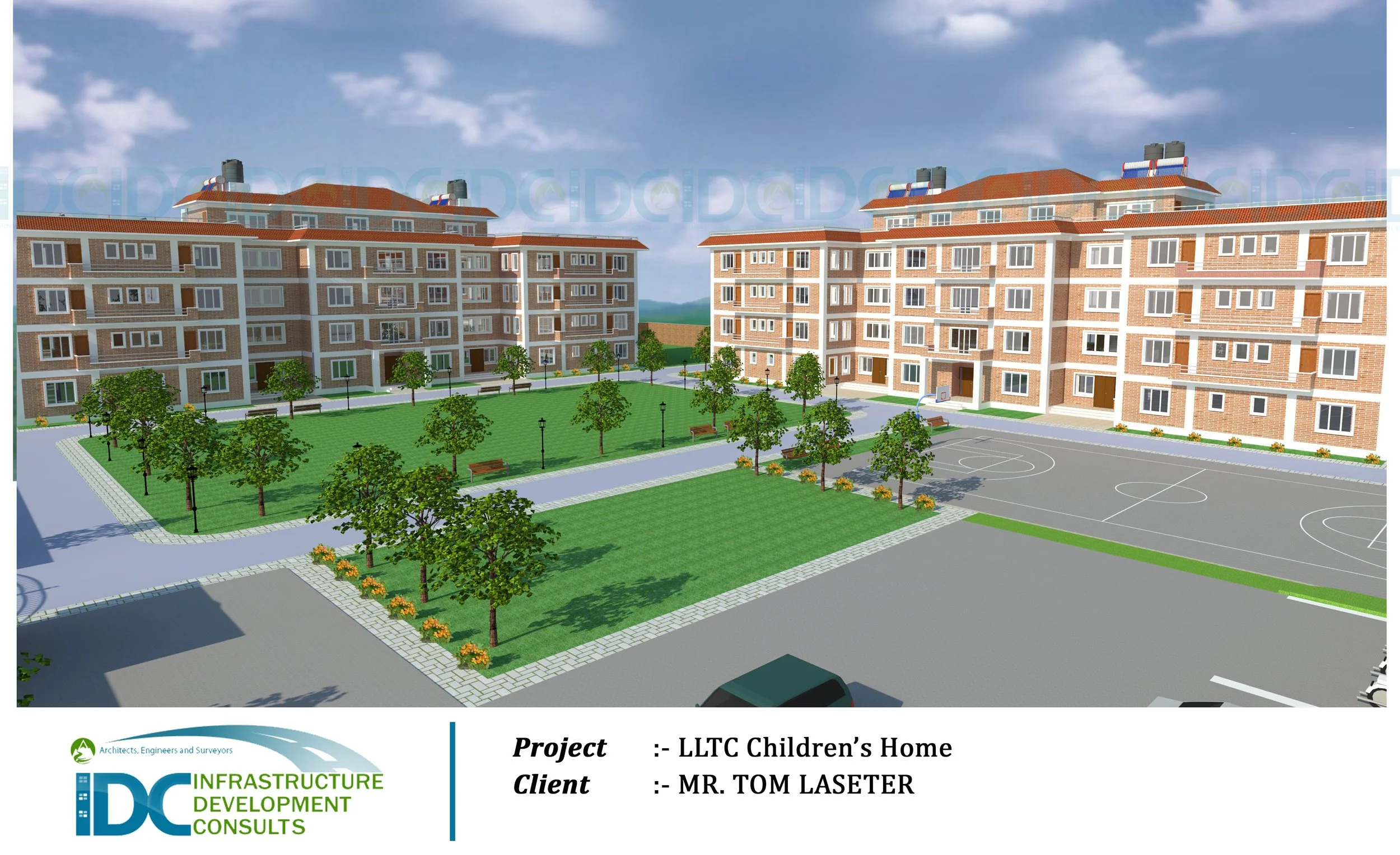A digital rendering of a children's home project with four mid-rise brick apartment buildings surrounding a landscaped courtyard with trees, benches, and a basketball court. The scene shows a partly cloudy sky and organized outdoor spaces.