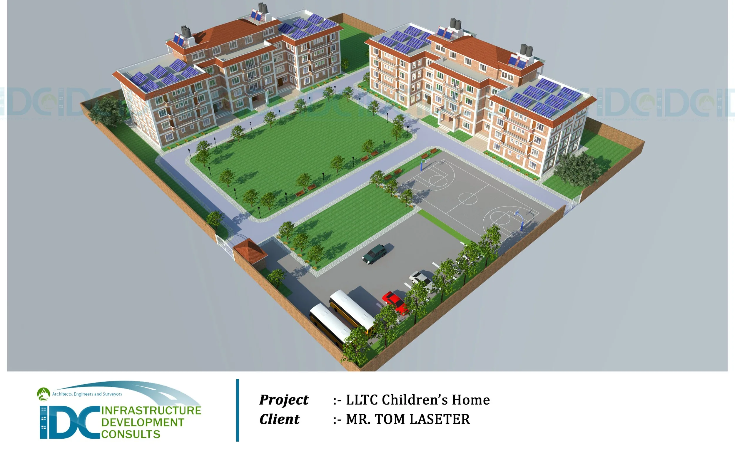 A digital rendering of a children's home complex with multiple residential buildings, a central playground, a basketball court, parking spaces, and landscaped green areas, enclosed by a perimeter wall.