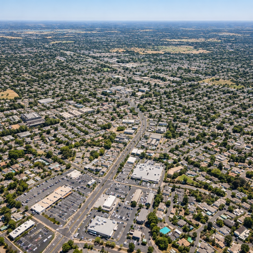 Aerial birds-eye view of Citrus Heights, CA featuring suburban homes, commercial districts, and major roadways in Sacramento County.