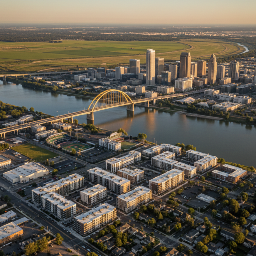 Bird's-eye view of West Sacramento along the Sacramento River showing modern residential developments and the iconic yellow Tower Bridge with the downtown skyline.
